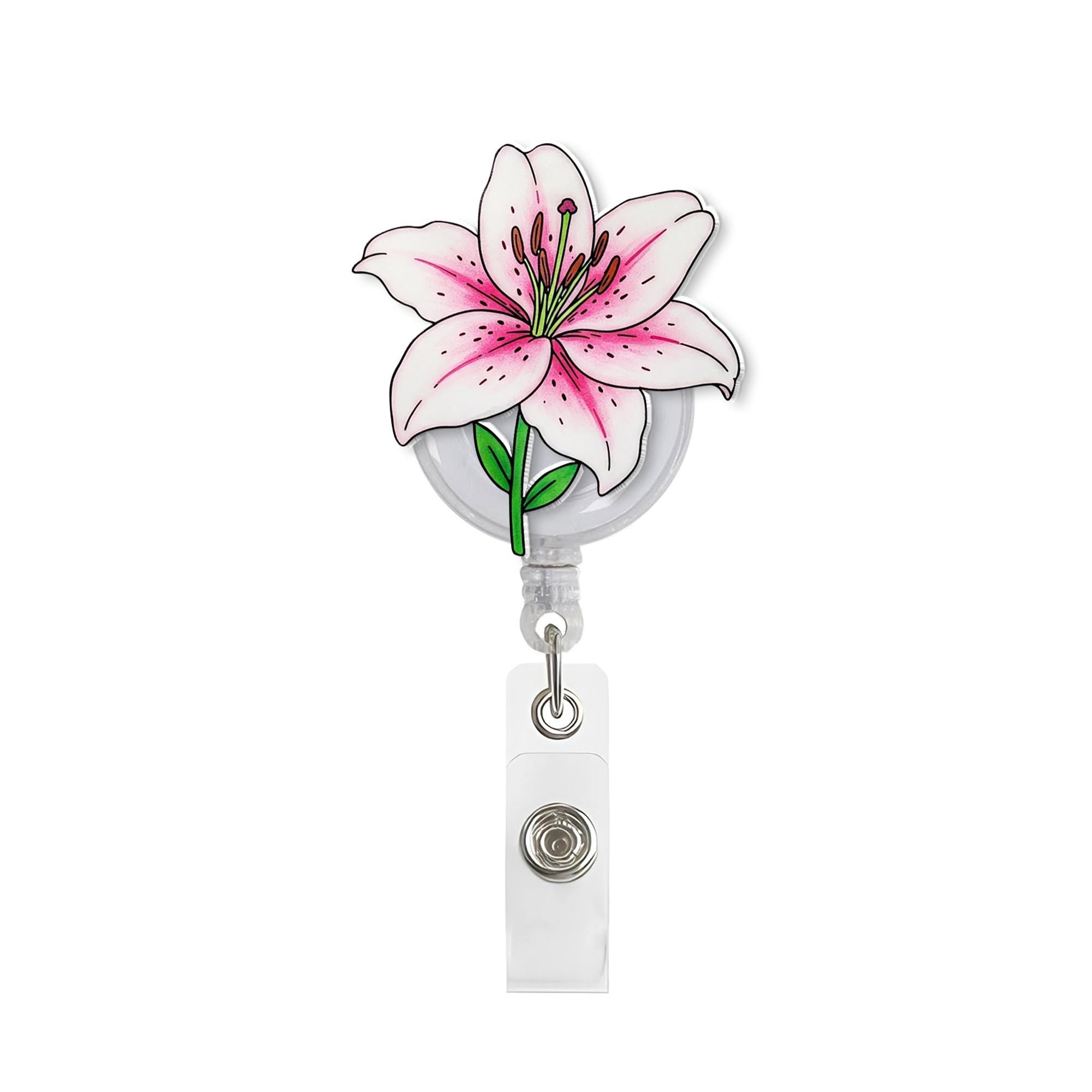 Stargazer Lily Flower Badge Reel, Flower Nurse Gift, Flower Badge Reel, RN ID Holder, Elegant Gift, Flower LOver Gift, Gift For Nurse