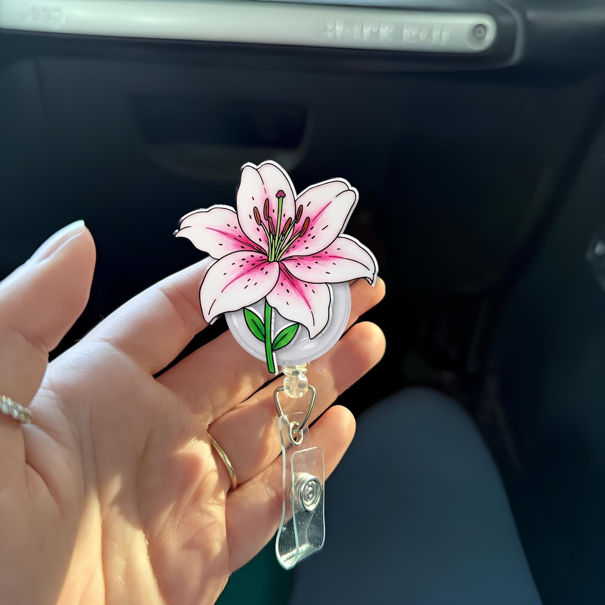 Stargazer Lily Flower Badge Reel, Flower Nurse Gift, Flower Badge Reel, RN ID Holder, Elegant Gift, Flower LOver Gift, Gift For Nurse