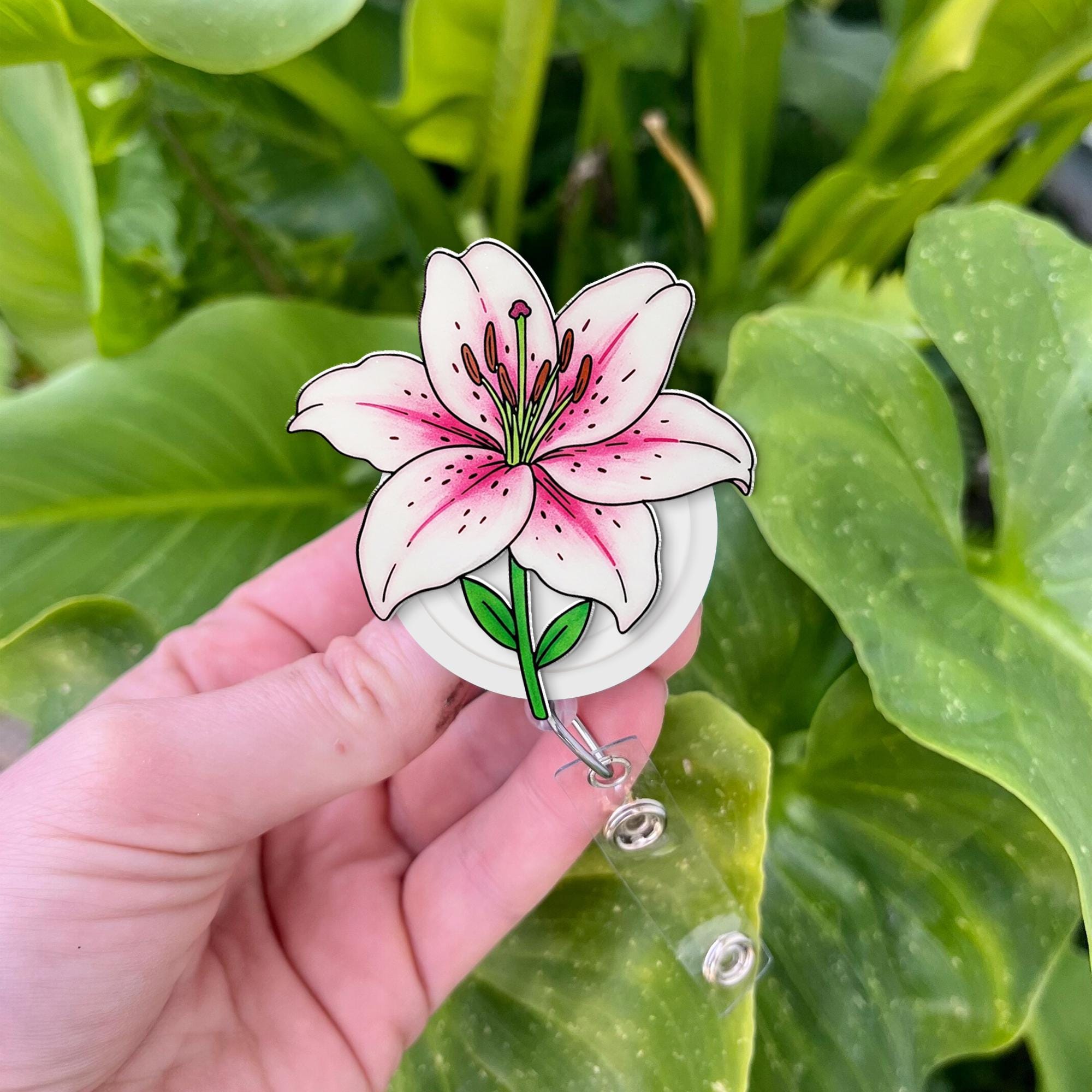 Stargazer Lily Flower Badge Reel, Flower Nurse Gift, Flower Badge Reel, RN ID Holder, Elegant Gift, Flower LOver Gift, Gift For Nurse