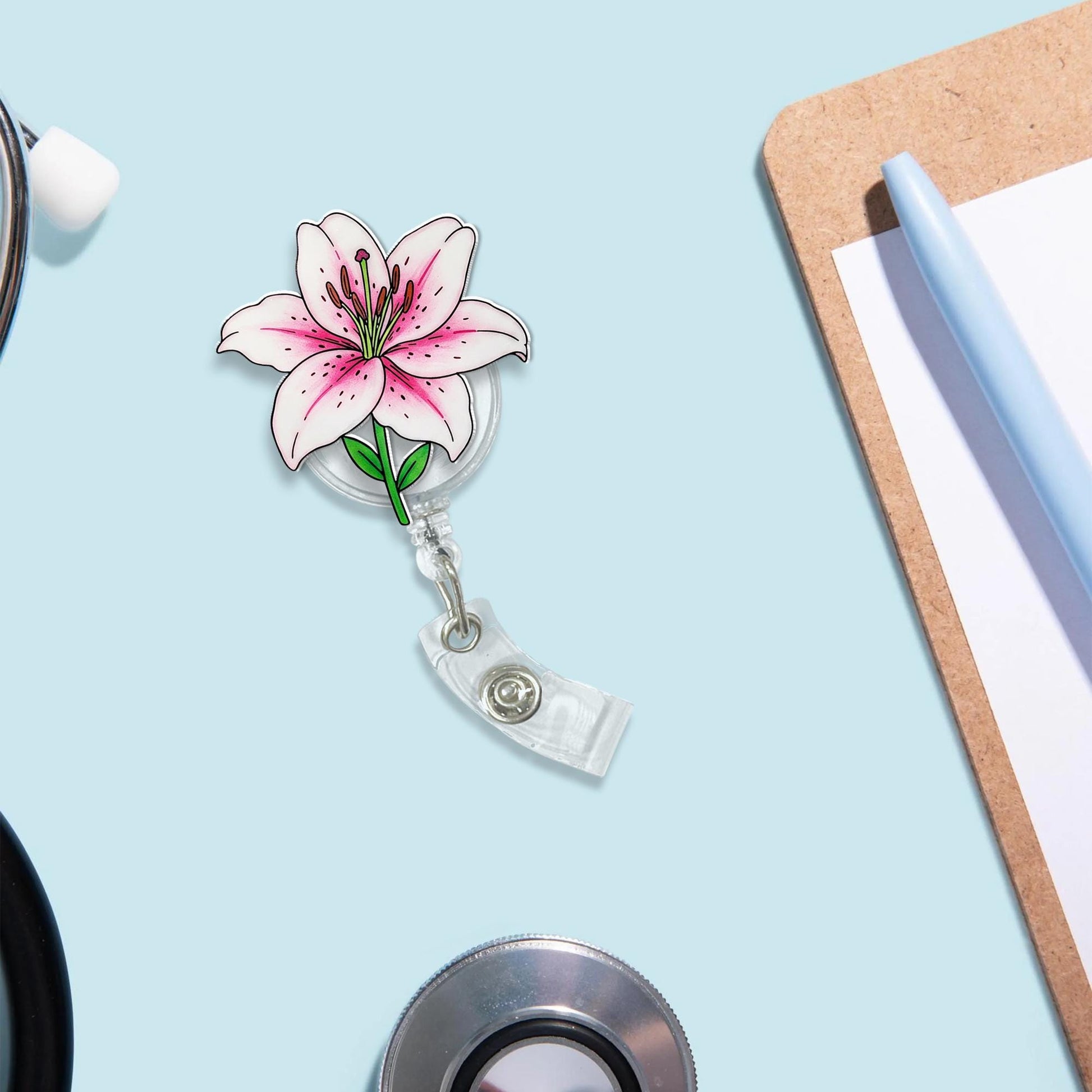 Stargazer Lily Flower Badge Reel, Flower Nurse Gift, Flower Badge Reel, RN ID Holder, Elegant Gift, Flower LOver Gift, Gift For Nurse