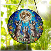Three raccoons reaching to full moon Glass Hanigng- Funny Gifts for Women, Window Hanging suncatcher, Indoor Decor, Raccoon lover gift