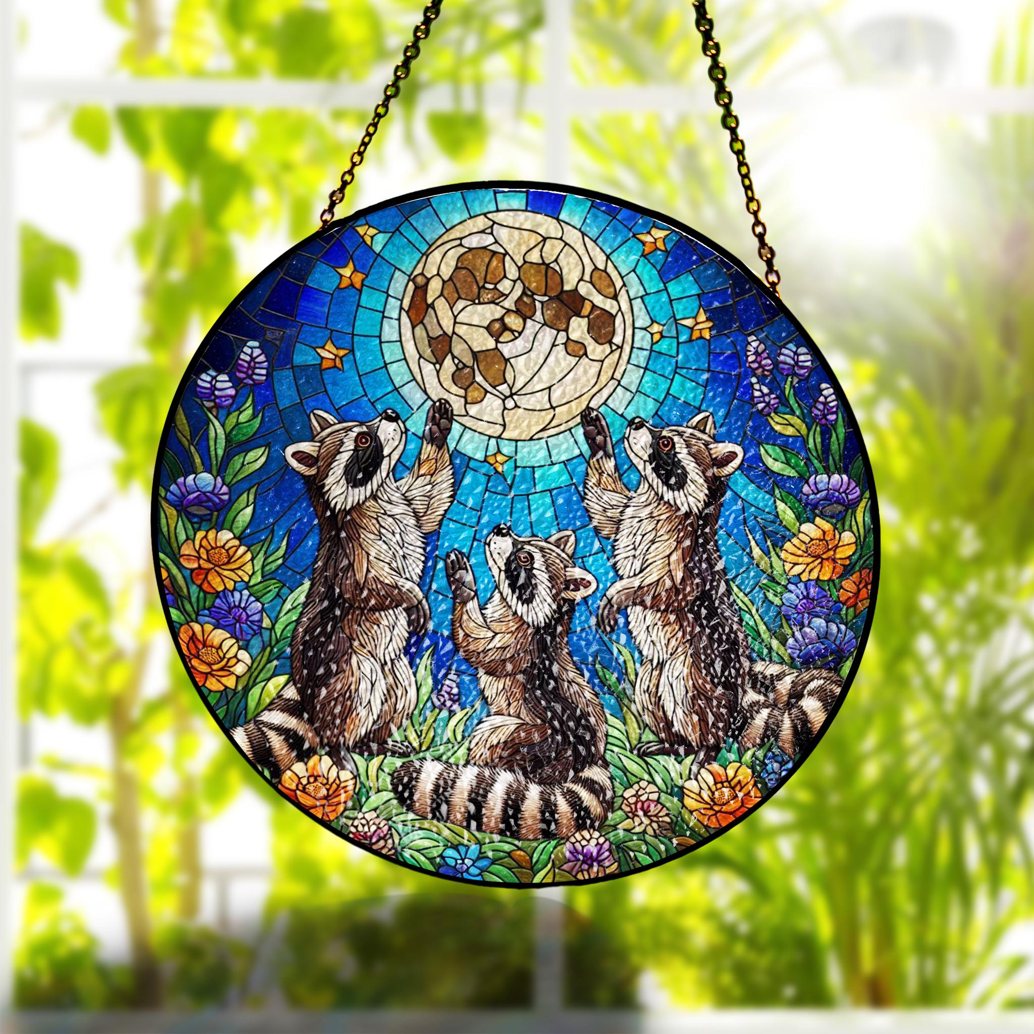 Three raccoons reaching to full moon Glass Hanigng- Funny Gifts for Women, Window Hanging suncatcher, Indoor Decor, Raccoon lover gift