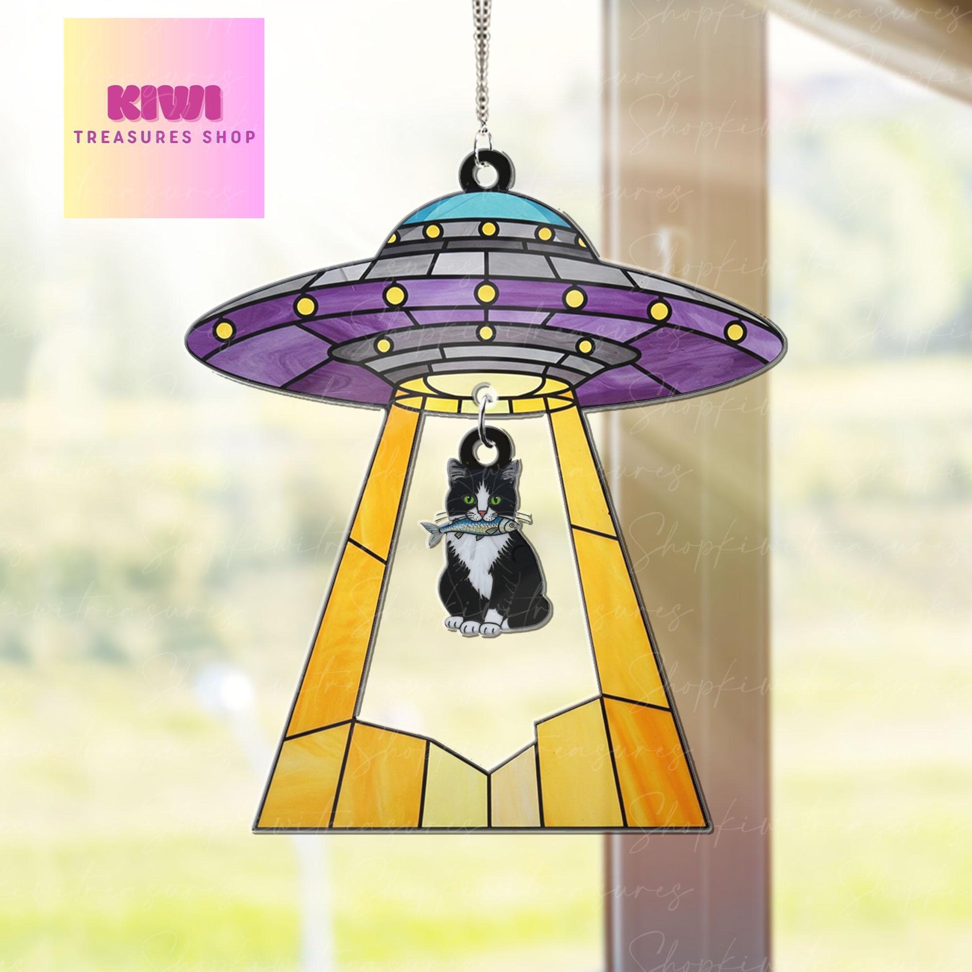 Funny Ufo Abduction tuxedo cat Acrylic Hanging Sign, tuxedo cat hanging piece, Perfect gift for cat mom, Mother's day gift, cat lover