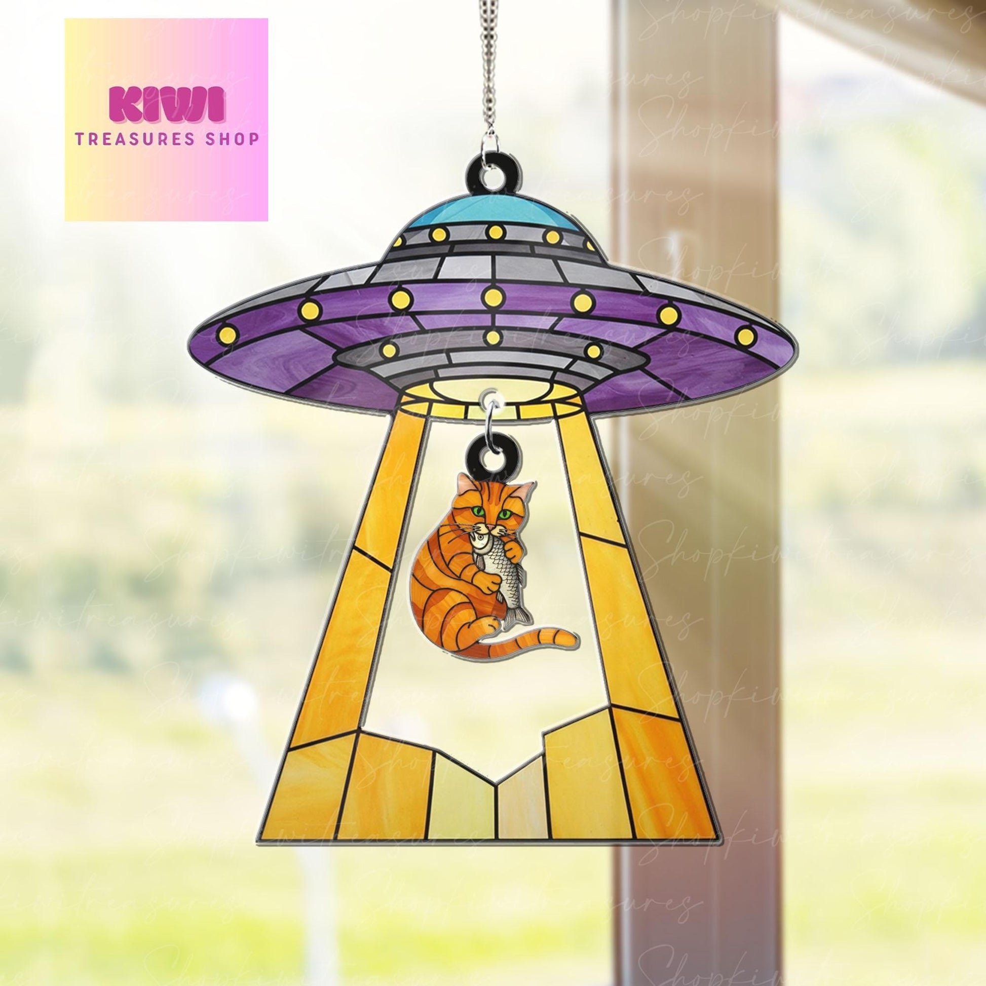 Funny Ufo Abduction orange cat Acrylic Hanging Sign, orange cat hanging piece, Perfect gift for cat mom, Mother's day gift, cat lover