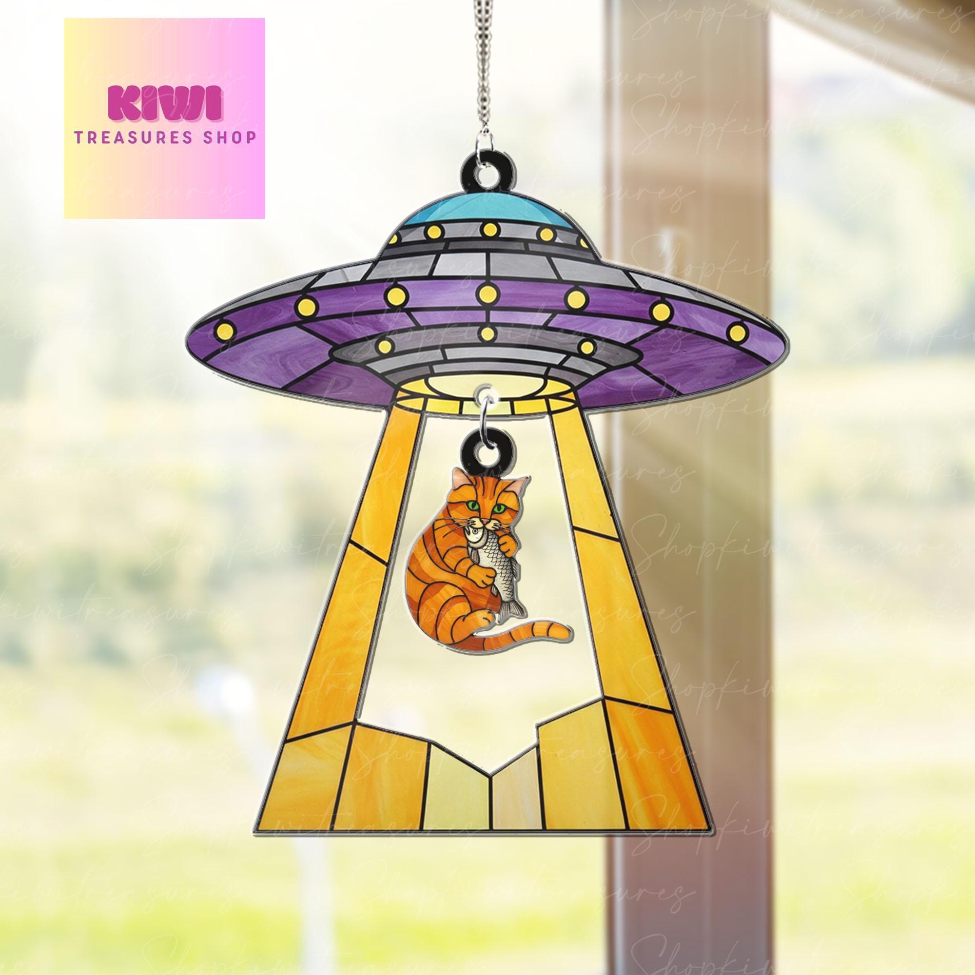 Funny Ufo Abduction orange cat Acrylic Hanging Sign, orange cat hanging piece, Perfect gift for cat mom, Mother's day gift, cat lover