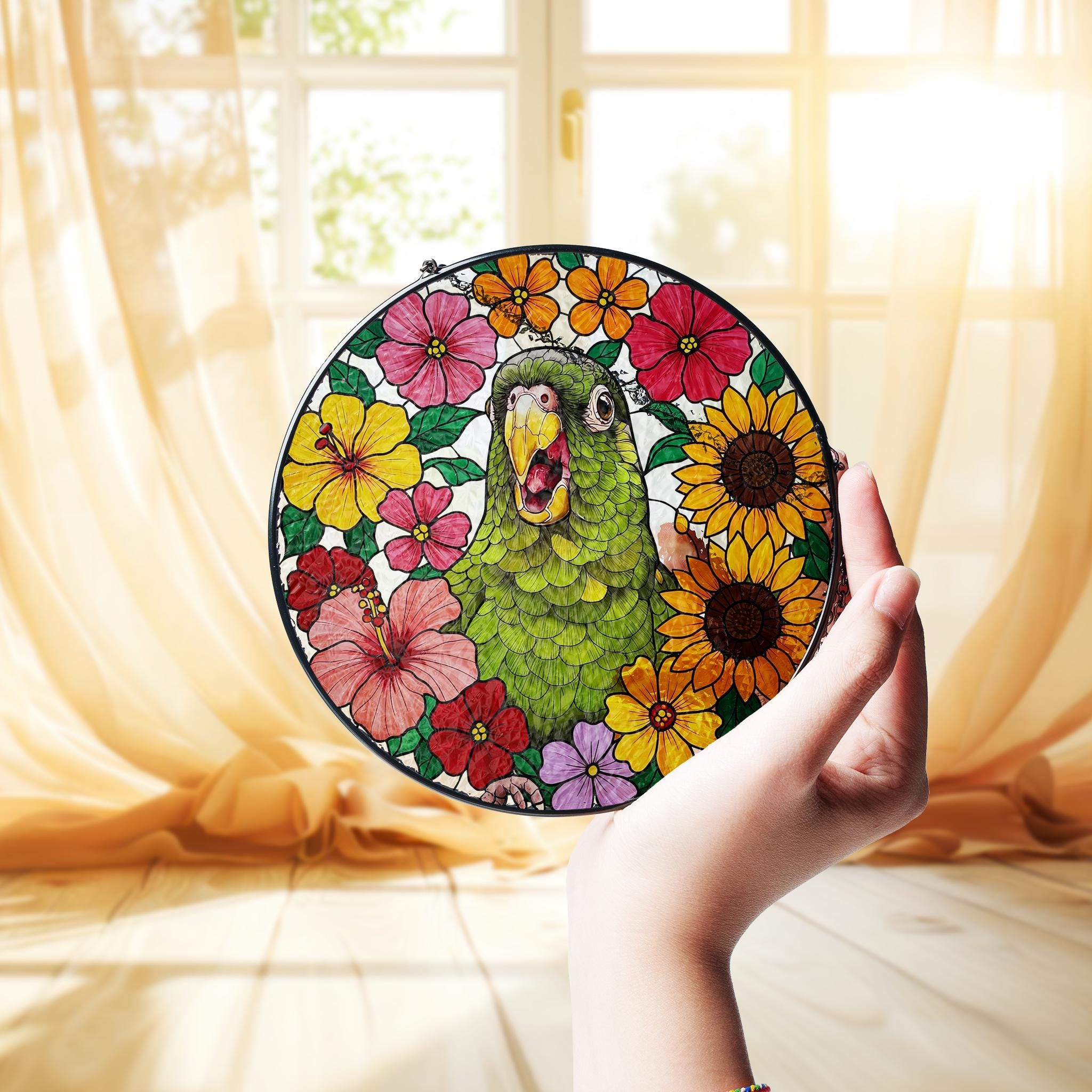 Screaming Green Cheek Conure GLASS Suncatcher, Angry Parrot Decor, Funny Bird Decor, Bird Lover Gift, Parrot Wall Art Gift, Parrot Mom Gift