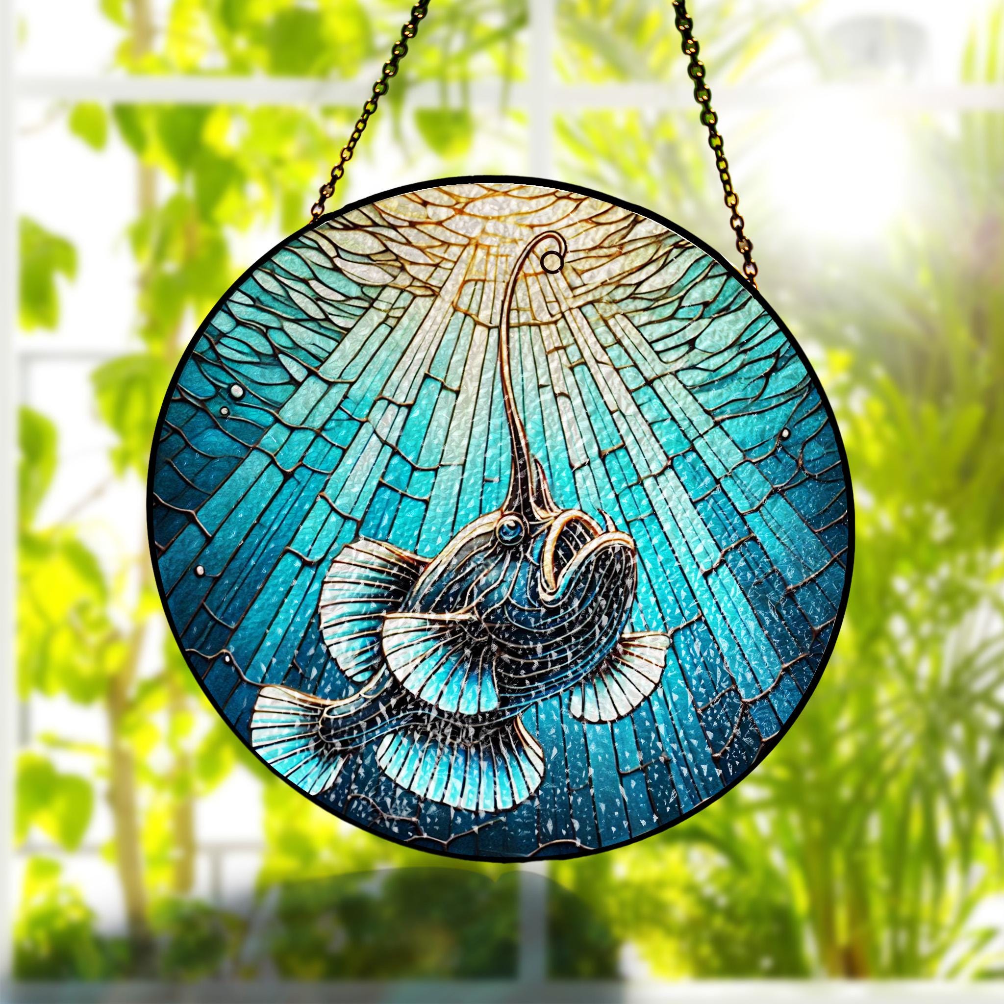 Angler Fish Glass Suncatcher, Unique Anglerfish Window Art, Deep Ocean Decor for Home, Sea Monster Gift for Ocean Lovers