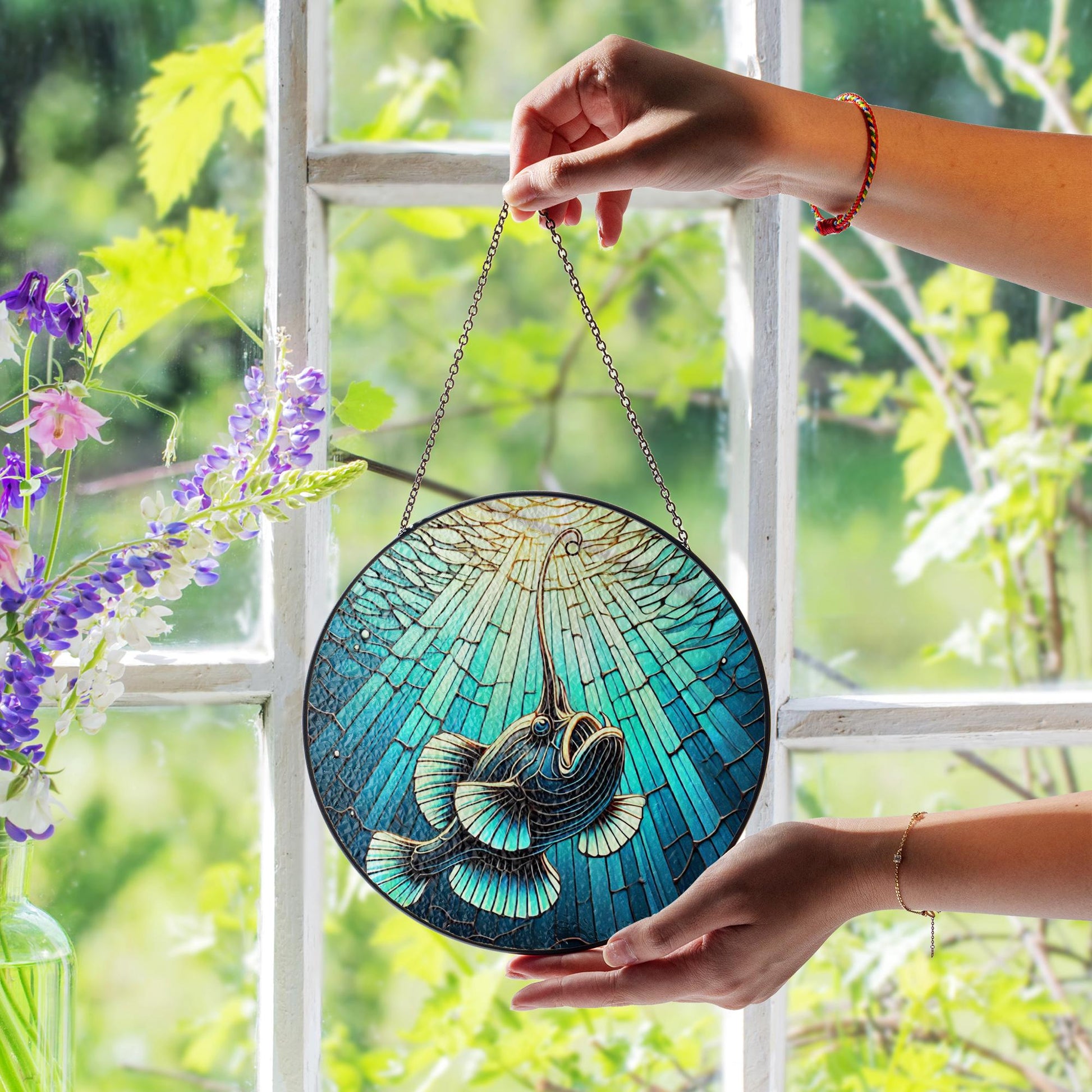 Angler Fish Glass Suncatcher, Unique Anglerfish Window Art, Deep Ocean Decor for Home, Sea Monster Gift for Ocean Lovers
