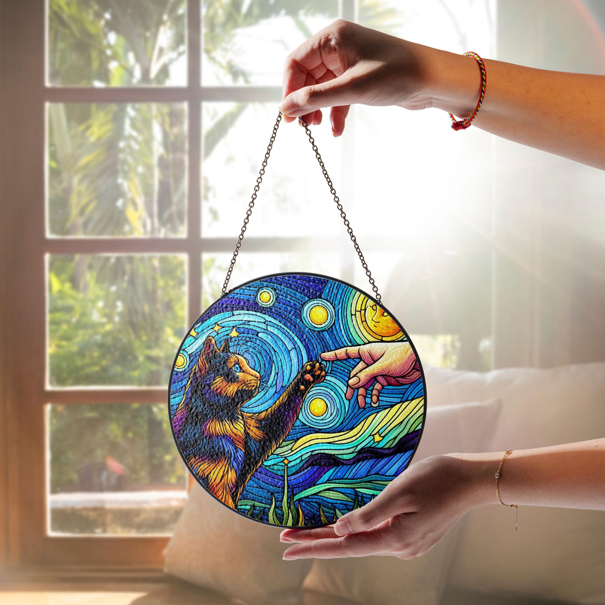 Tortoiseshell cat touching human hand GLASS suncatcher Hanging, Tortoiseshell cat glass hanging, starry night Suncatcher, memorial gift