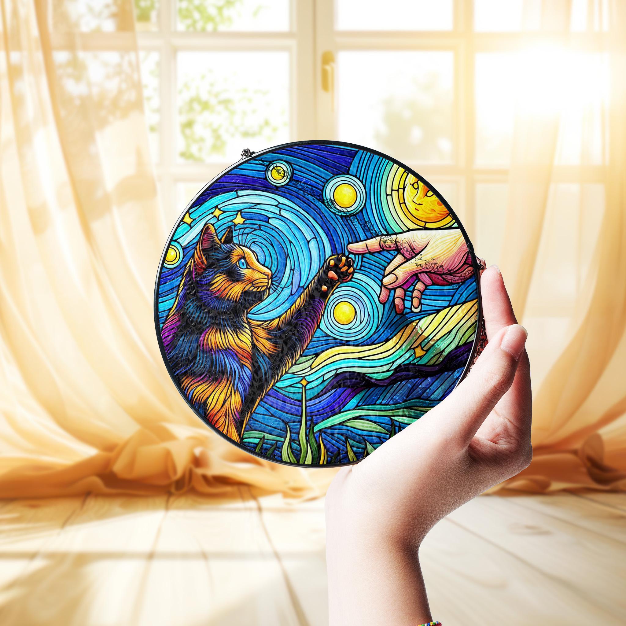 Tortoiseshell cat touching human hand GLASS suncatcher Hanging, Tortoiseshell cat glass hanging, starry night Suncatcher, memorial gift