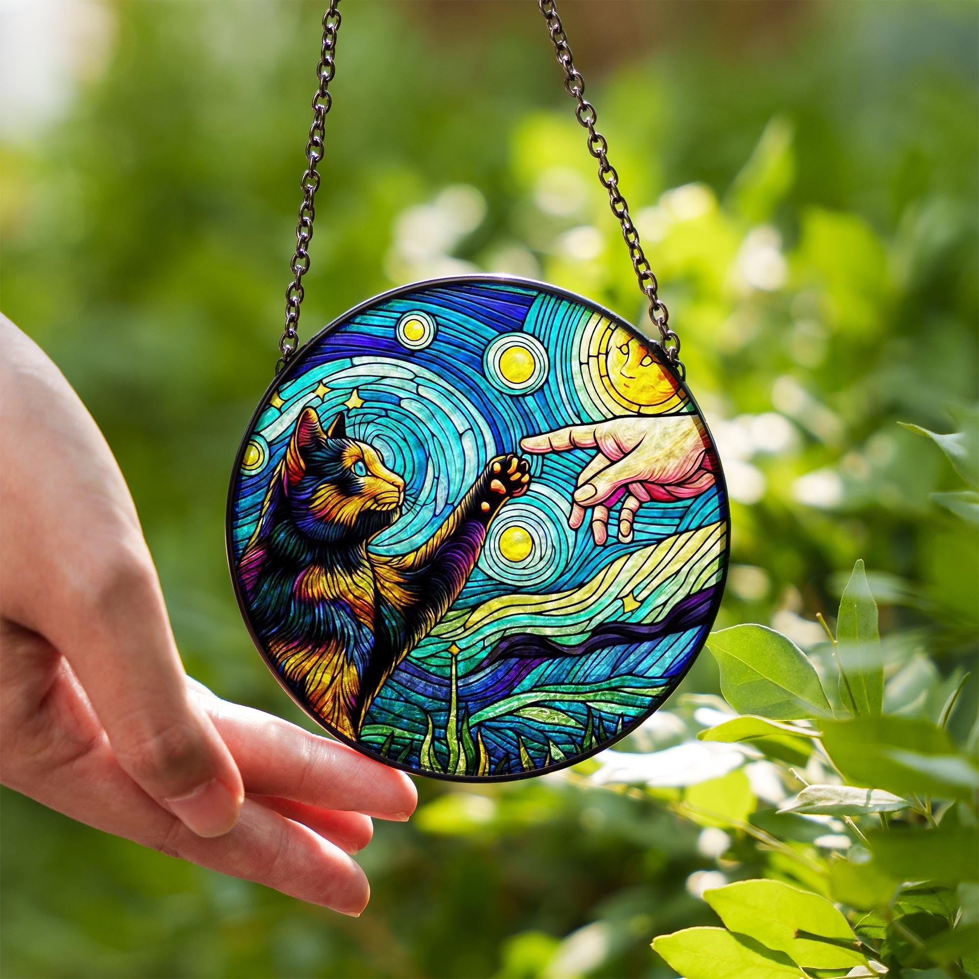 Tortoiseshell cat touching human hand GLASS suncatcher Hanging, Tortoiseshell cat glass hanging, starry night Suncatcher, memorial gift