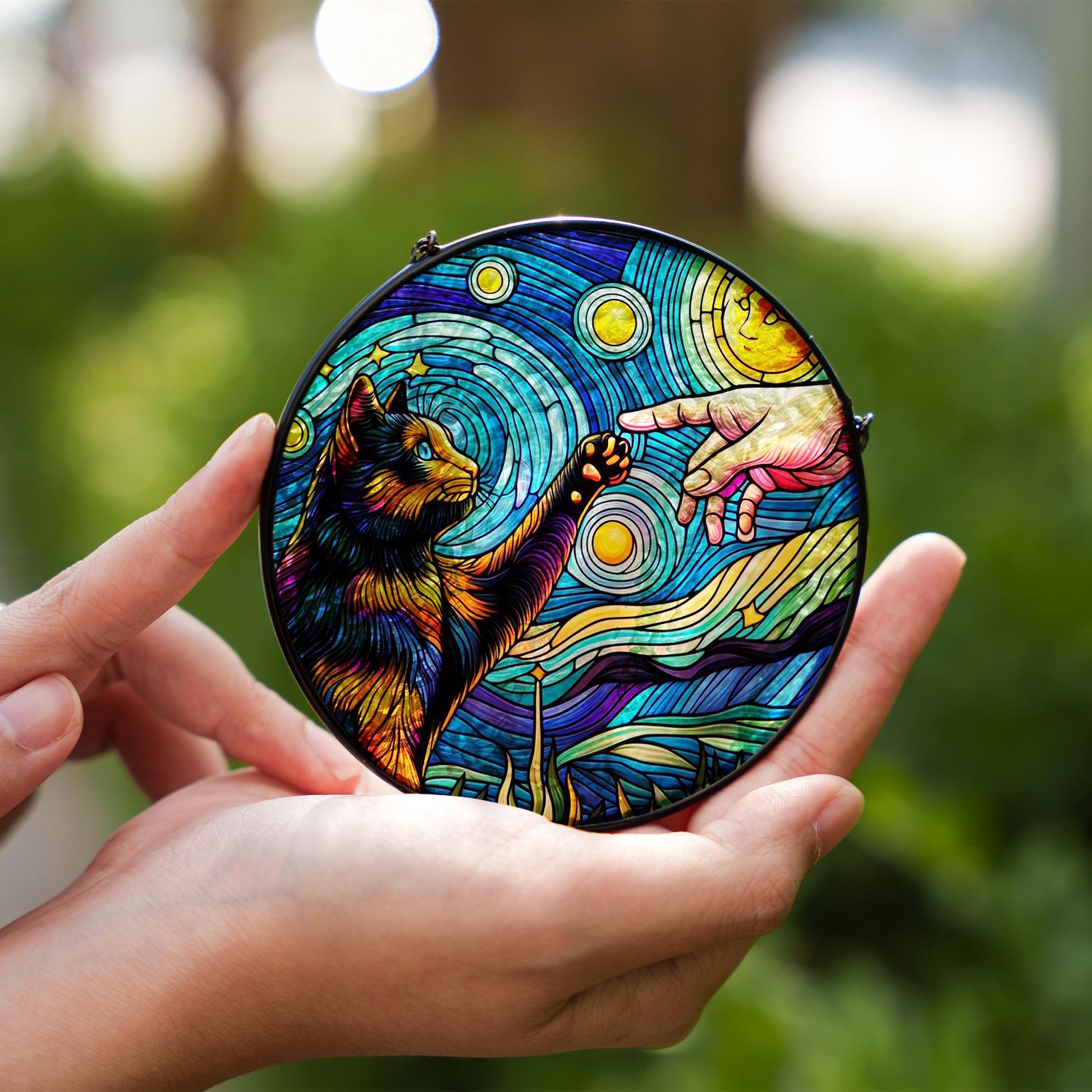 Tortoiseshell cat touching human hand GLASS suncatcher Hanging, Tortoiseshell cat glass hanging, starry night Suncatcher, memorial gift