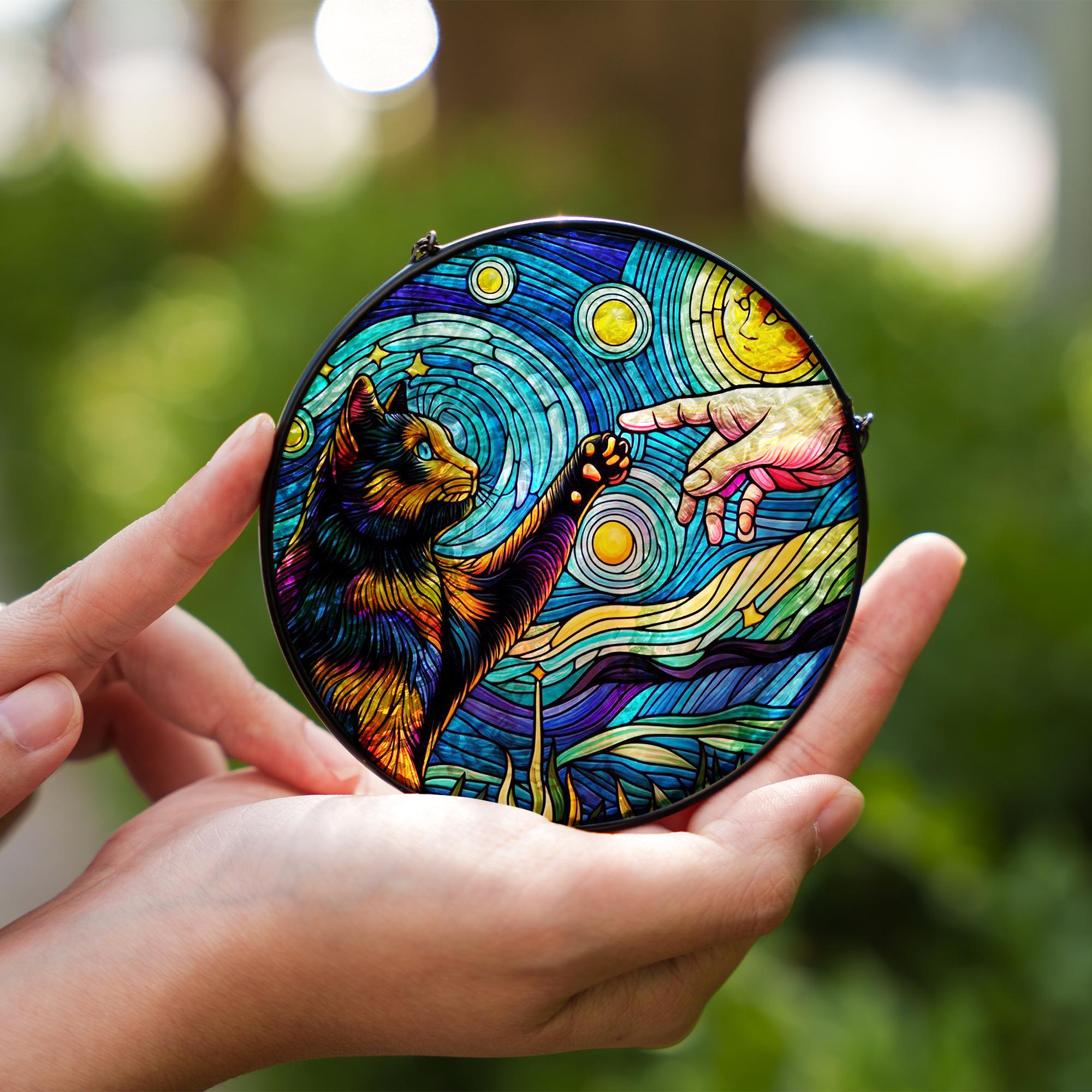 Tortoiseshell cat touching human hand GLASS suncatcher Hanging, Tortoiseshell cat glass hanging, starry night Suncatcher, memorial gift