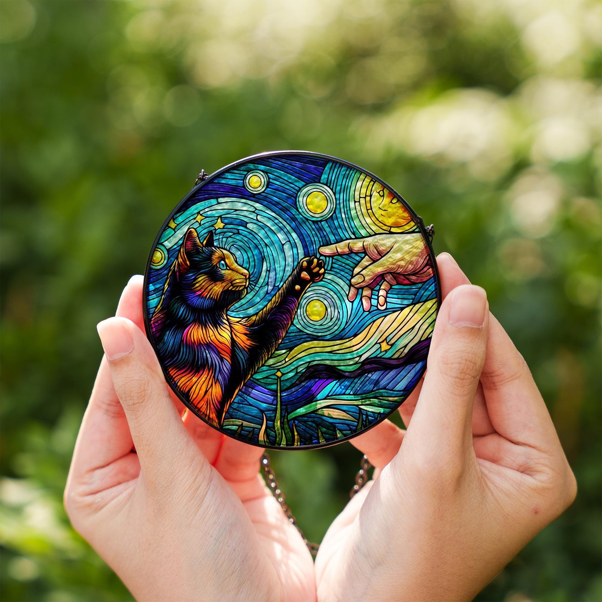 Tortoiseshell cat touching human hand GLASS suncatcher Hanging, Tortoiseshell cat glass hanging, starry night Suncatcher, memorial gift