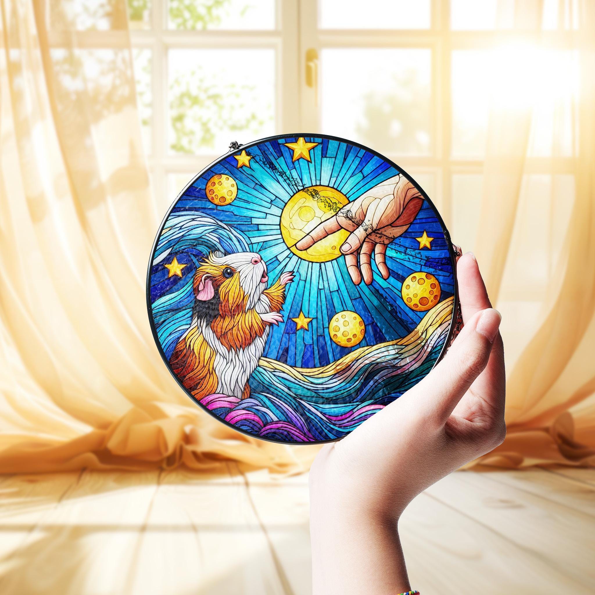 Guinea Pig touching human hand GLASS suncatcher Hanging, Guinea pig glass hanging, starry night Suncatcher, memorial gift