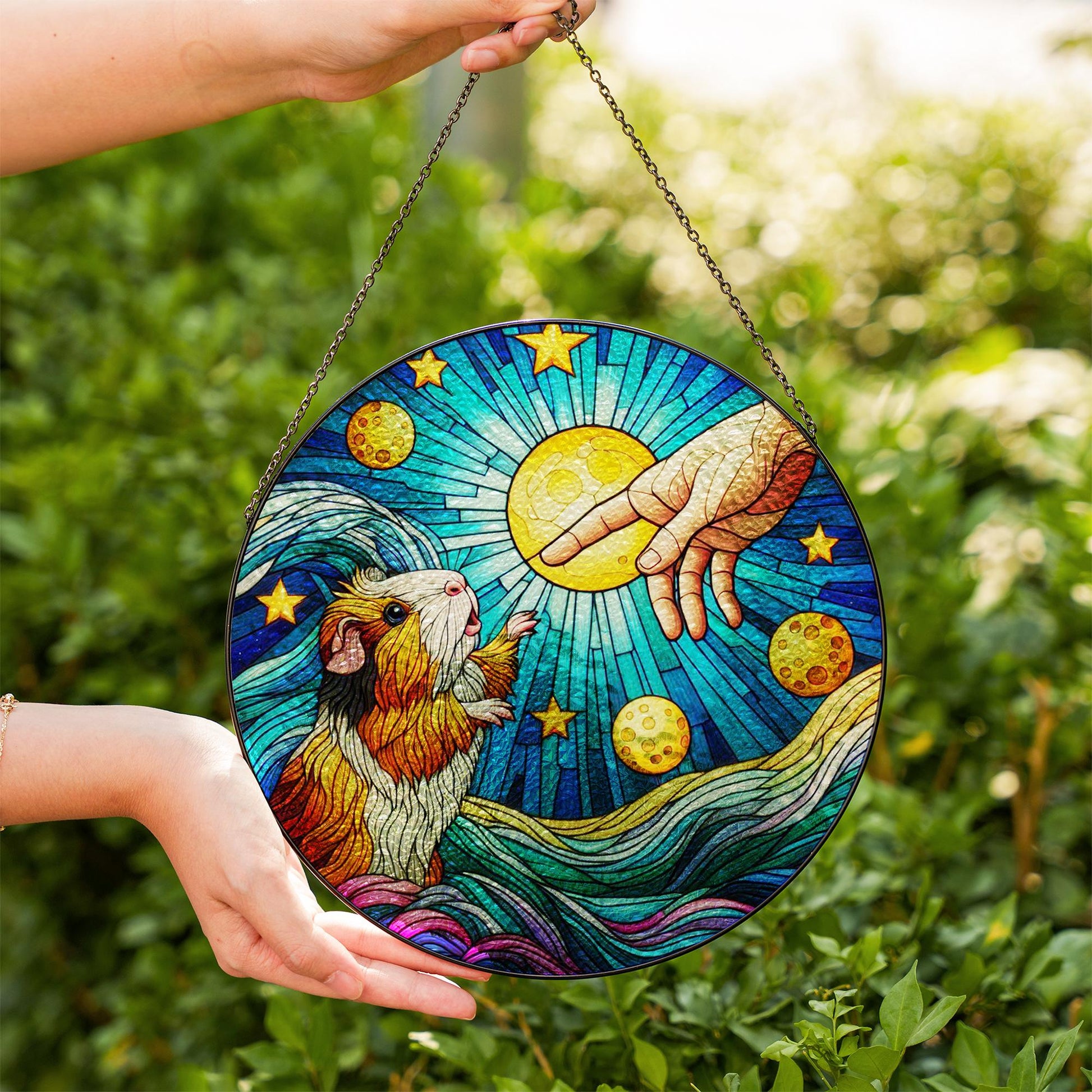 Guinea Pig touching human hand GLASS suncatcher Hanging, Guinea pig glass hanging, starry night Suncatcher, memorial gift