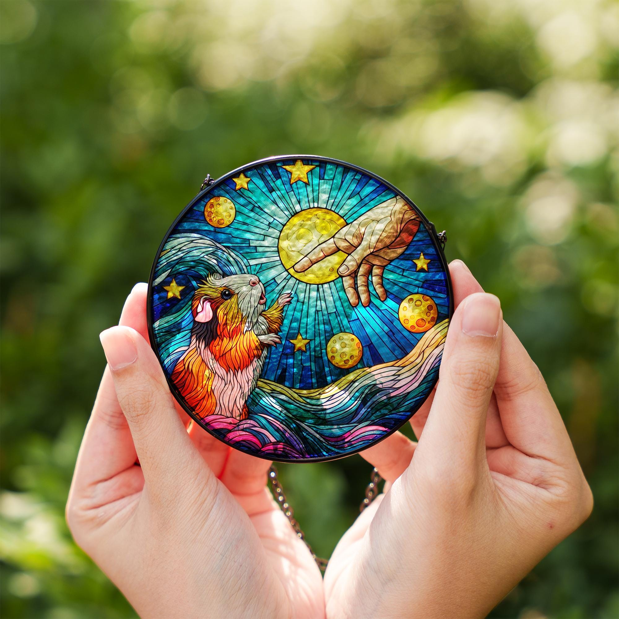 Guinea Pig touching human hand GLASS suncatcher Hanging, Guinea pig glass hanging, starry night Suncatcher, memorial gift
