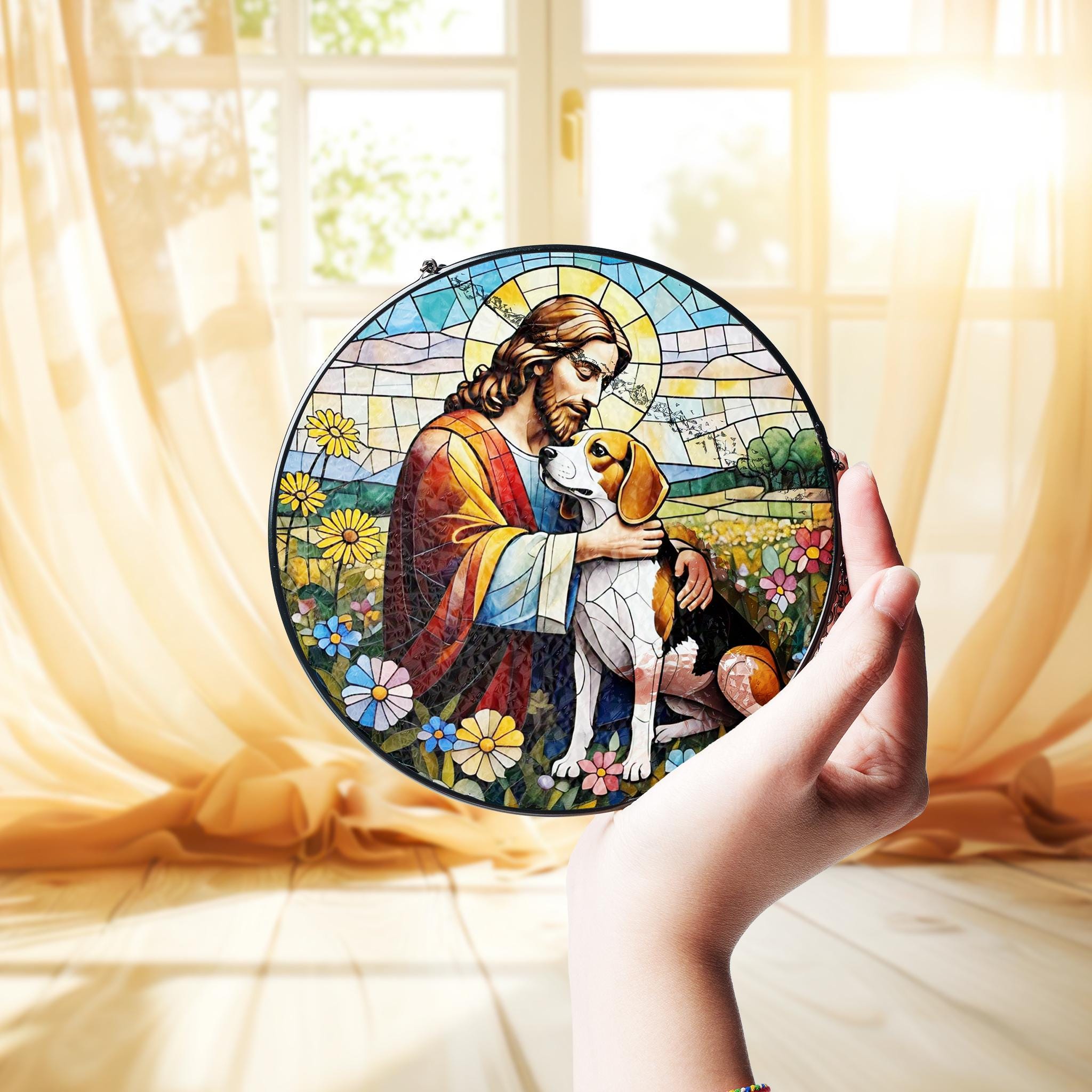 Jesus Hugging Beagle GLASS Suncatcher, Beagle Mom Decor, Dog Mom Suncatcher, Jesus With Dog Decor, Christian HOme Decor, Christian Gift