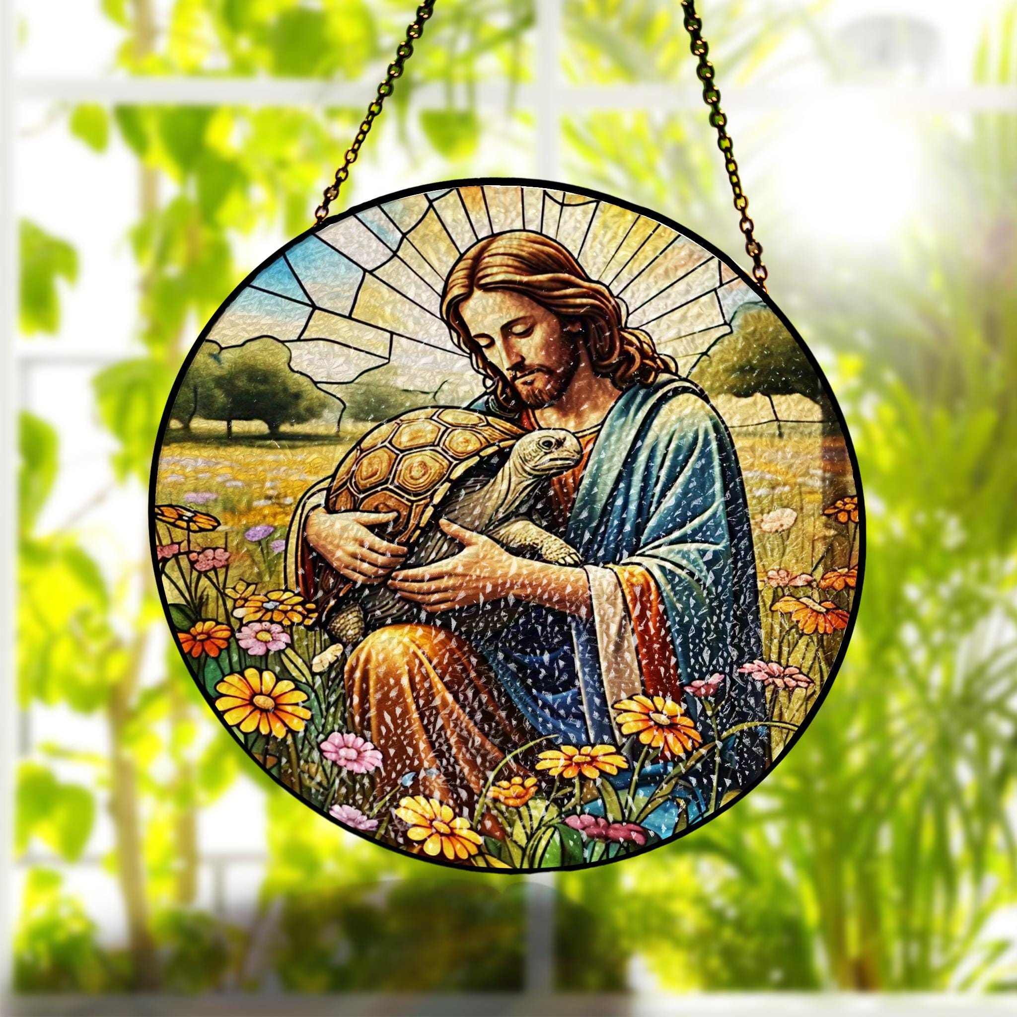 Jesus and Tortoise GLASS suncatcher Hanging, Jesus Christ, Tortoise Lover Decor, Jesus Suncatcher hanging, Jesus decor, Tortoise Gift