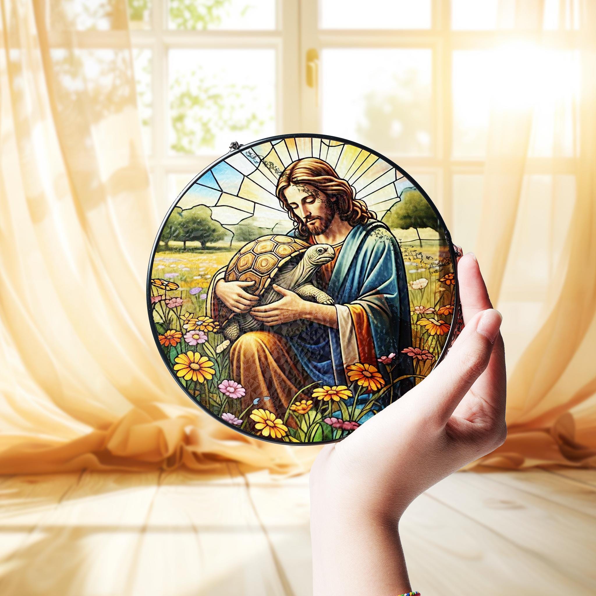 Jesus and Tortoise GLASS suncatcher Hanging, Jesus Christ, Tortoise Lover Decor, Jesus Suncatcher hanging, Jesus decor, Tortoise Gift