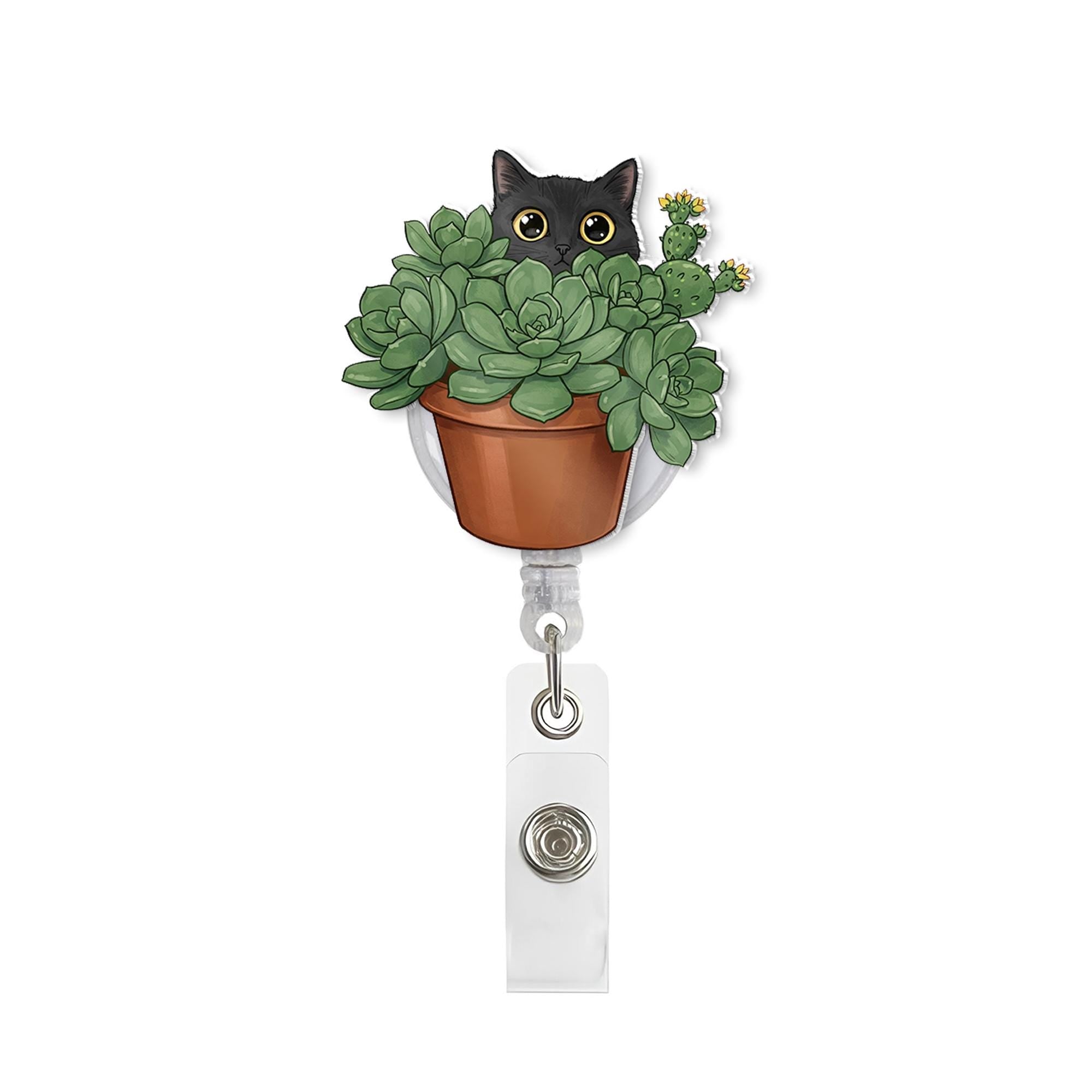 Black Cat Succulent Planter Pot Badge Reel, Cat Badge Reel, Succulent Badge Reel, Plant Lover Gift, ID Holder Gift, Gift For Nurse,Id Holder