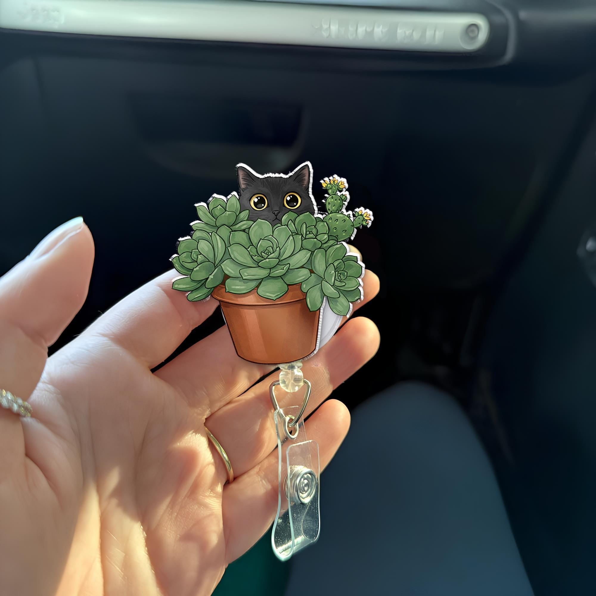 Black Cat Succulent Planter Pot Badge Reel, Cat Badge Reel, Succulent Badge Reel, Plant Lover Gift, ID Holder Gift, Gift For Nurse,Id Holder
