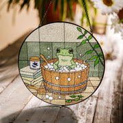 Funny Frog in bathtub Glass suncatcher, Funny Frog decoration for bathroom decor gift, Whimsical frog art piece, Tropical Green Bathroom