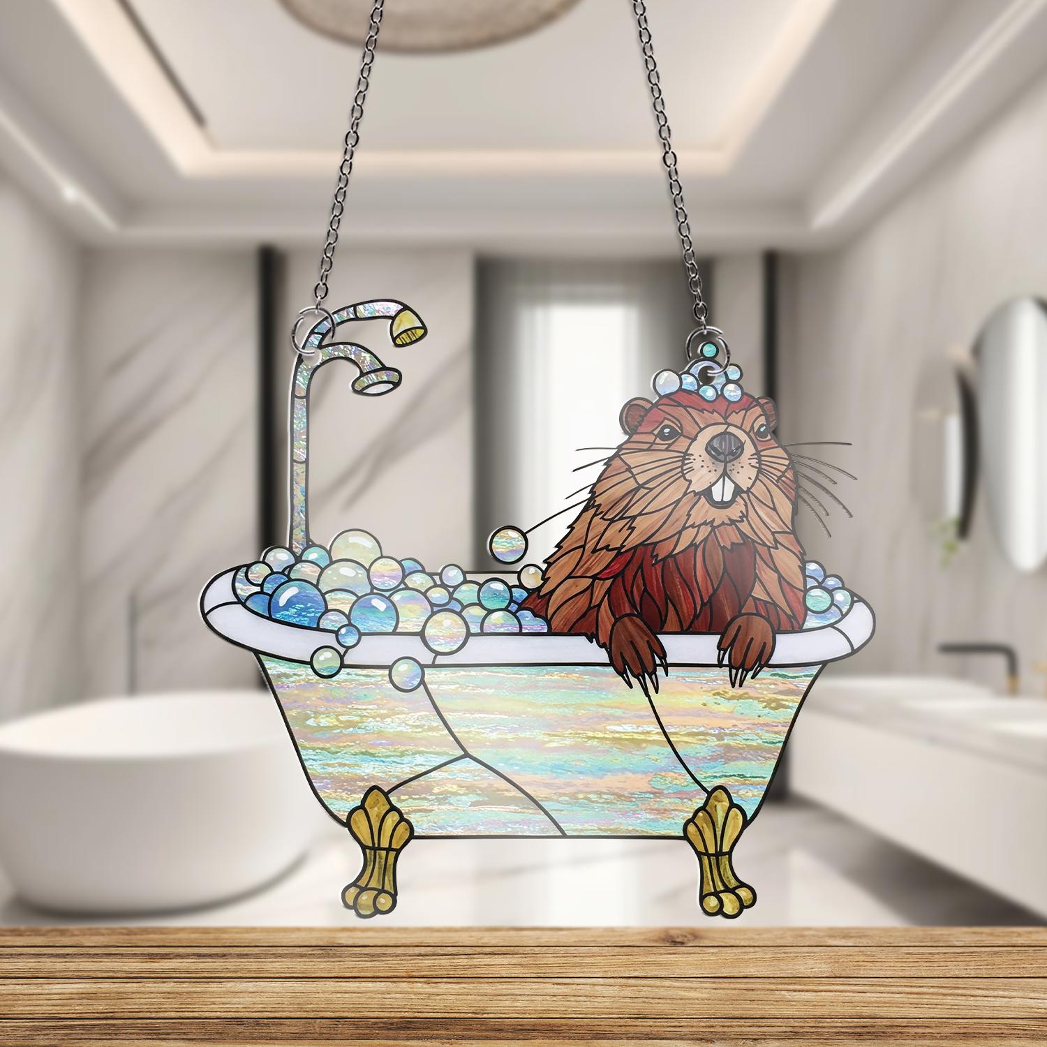 Groundhog Chilling In Bathtub ACRYLIC Window Hanging, Groundhog Lover Decor, Funny Bathroom Decor, Animal Decor, Gift For Her, Animal Gift