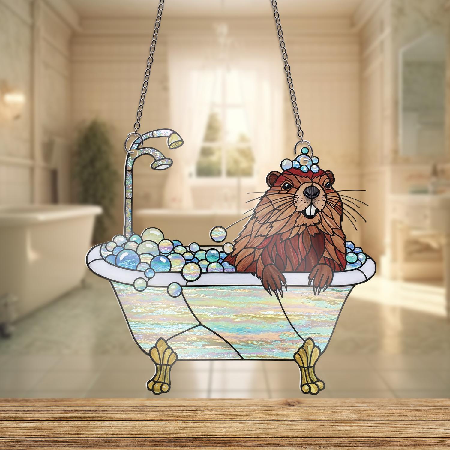 Groundhog Chilling In Bathtub ACRYLIC Window Hanging, Groundhog Lover Decor, Funny Bathroom Decor, Animal Decor, Gift For Her, Animal Gift