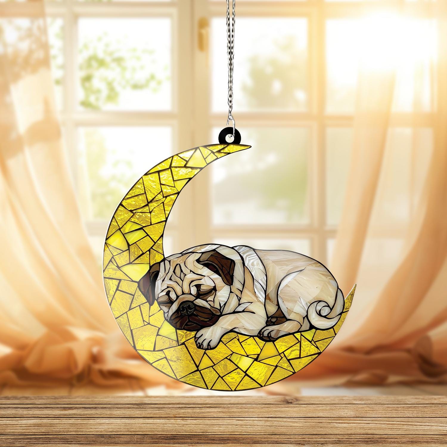 Pug Sleeping On Crescent Moon ACRYLIC Window Hanging, Pug Window Decor, Pug memorial Gift, Pug Gift, Loss Of Dog, Dog Mom Gift,Dog Mom Decor