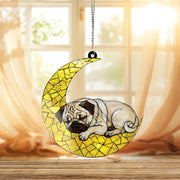 Pug Sleeping On Crescent Moon ACRYLIC Window Hanging, Pug Window Decor, Pug memorial Gift, Pug Gift, Loss Of Dog, Dog Mom Gift,Dog Mom Decor