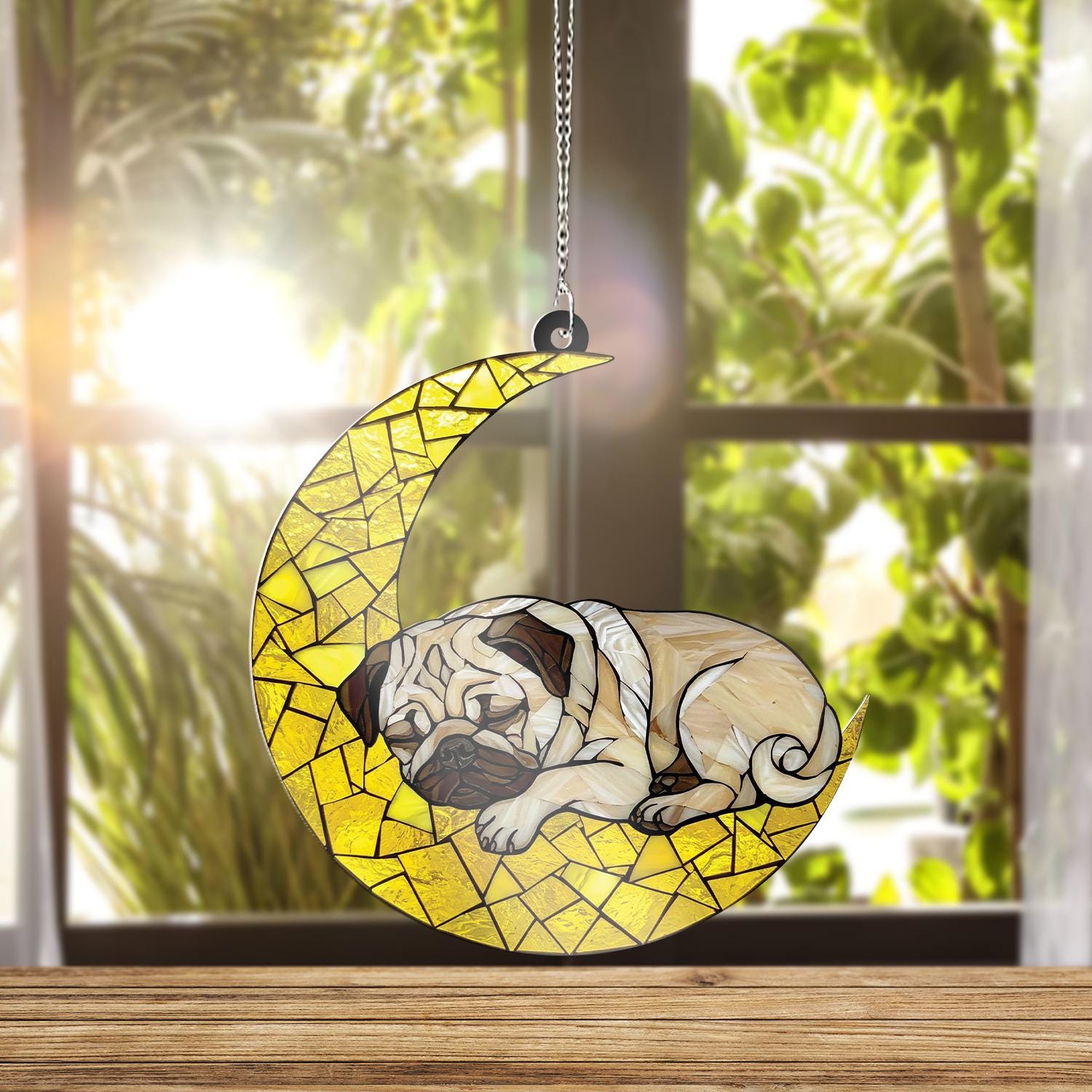 Pug Sleeping On Crescent Moon ACRYLIC Window Hanging, Pug Window Decor, Pug memorial Gift, Pug Gift, Loss Of Dog, Dog Mom Gift,Dog Mom Decor