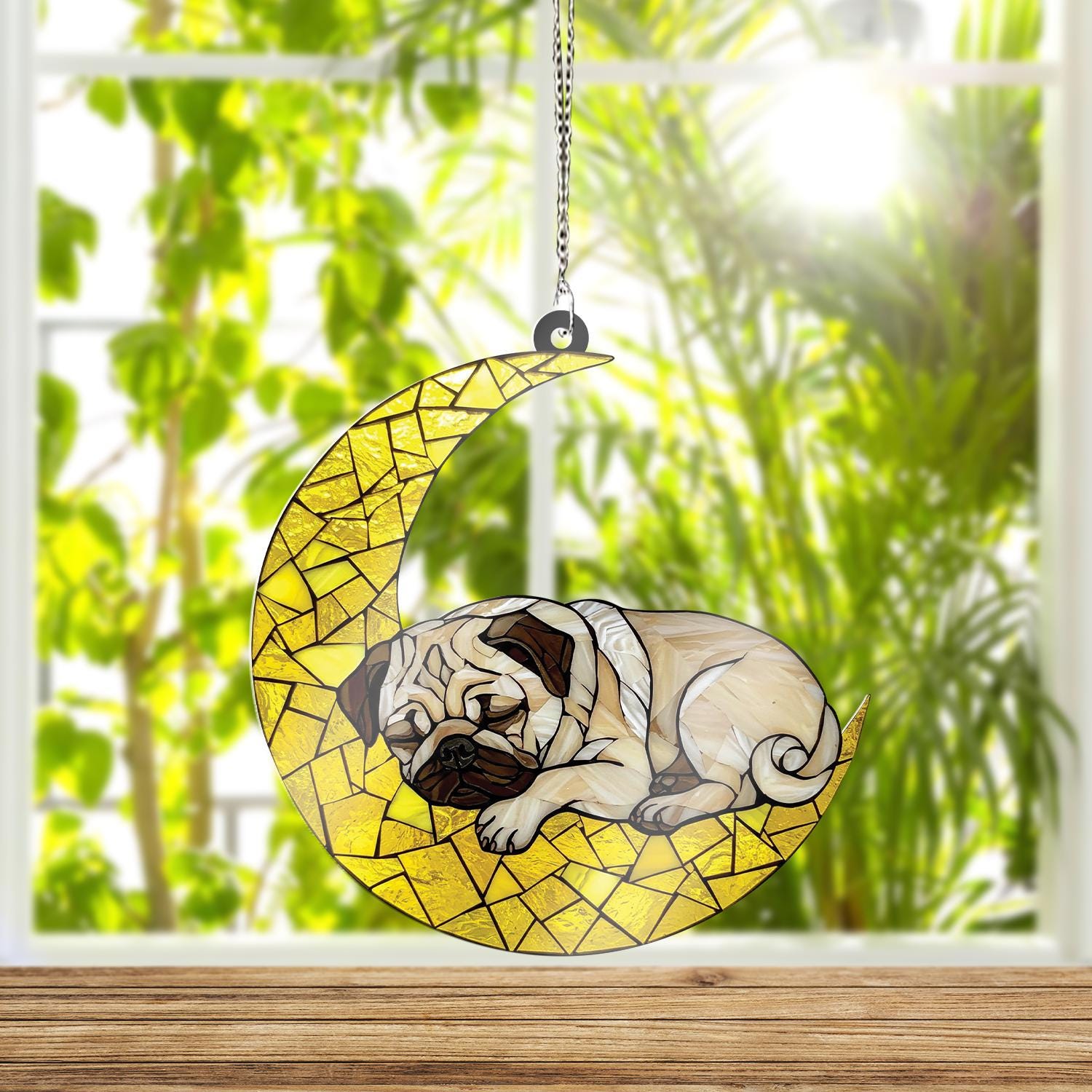 Pug Sleeping On Crescent Moon ACRYLIC Window Hanging, Pug Window Decor, Pug memorial Gift, Pug Gift, Loss Of Dog, Dog Mom Gift,Dog Mom Decor