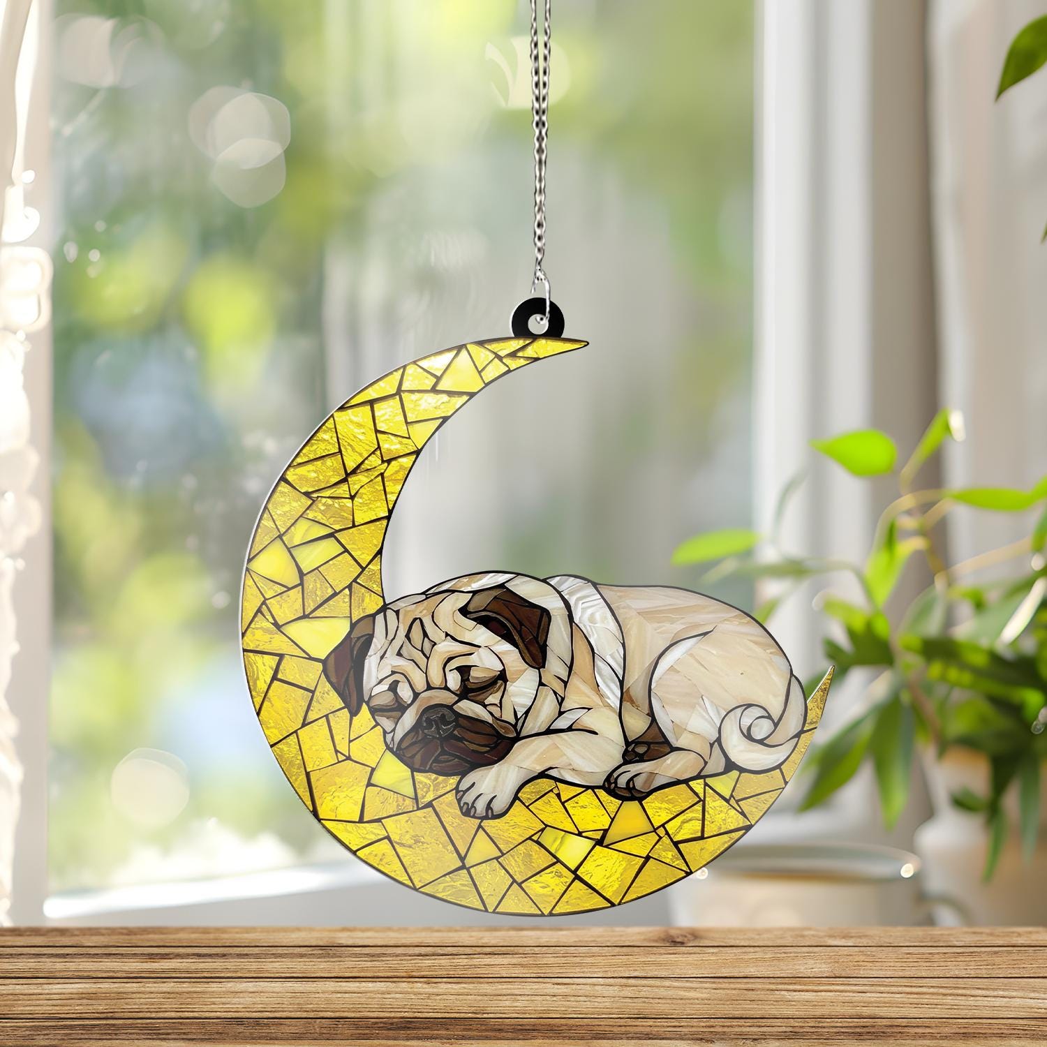 Pug Sleeping On Crescent Moon ACRYLIC Window Hanging, Pug Window Decor, Pug memorial Gift, Pug Gift, Loss Of Dog, Dog Mom Gift,Dog Mom Decor