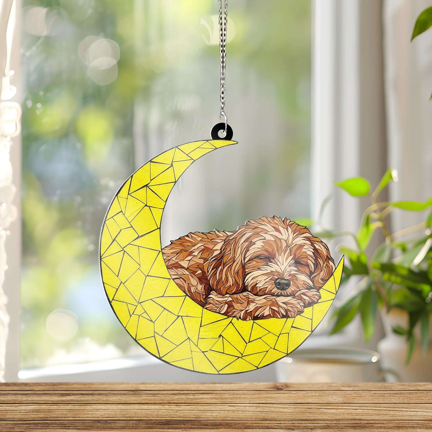 Cavapoo Sleeping On Crescent Moon ACRYLIC Window Hanging, Cavapoo Window Decor, Cavapoo  memorial Gift,  Loss Of Dog, Dog Mom Gift