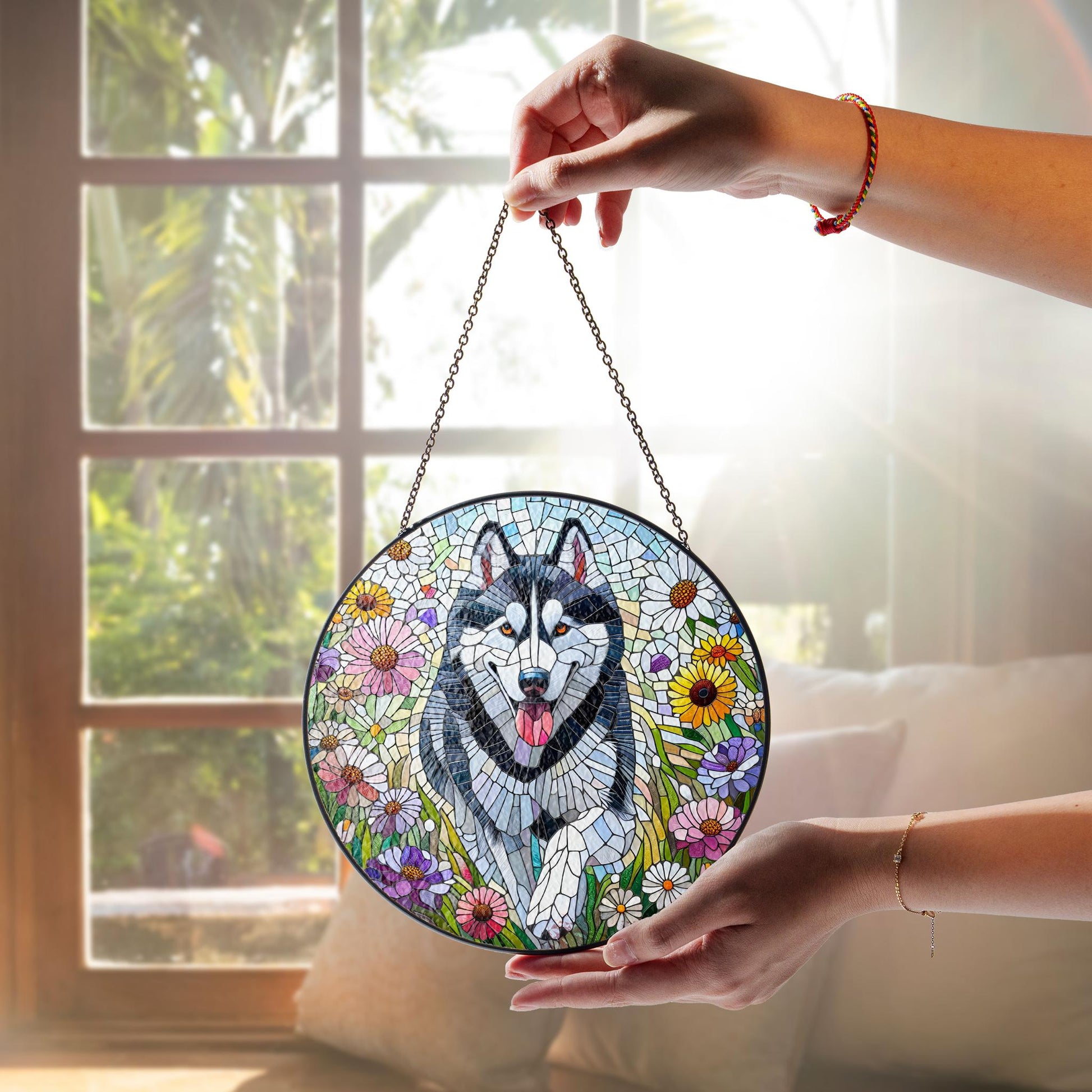 Husky running among wildflower Glass suncatcher, Husky glass hanging, husky mom idea gift, home decor, dog owner idea gift