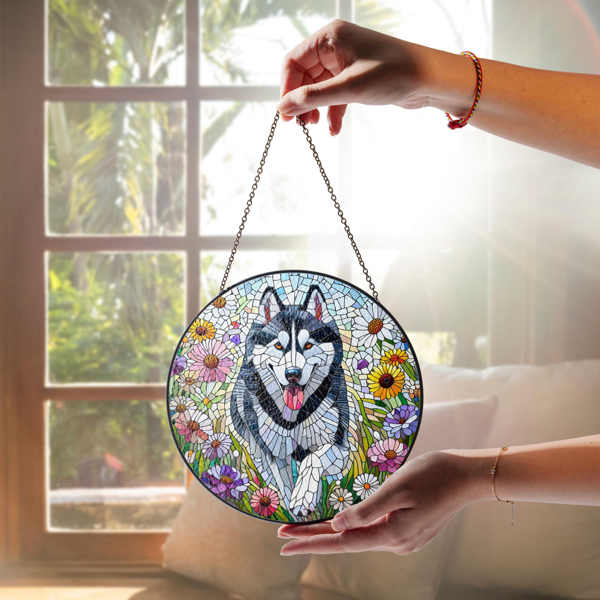Husky running among wildflower Glass suncatcher, Husky glass hanging, husky mom idea gift, home decor, dog owner idea gift