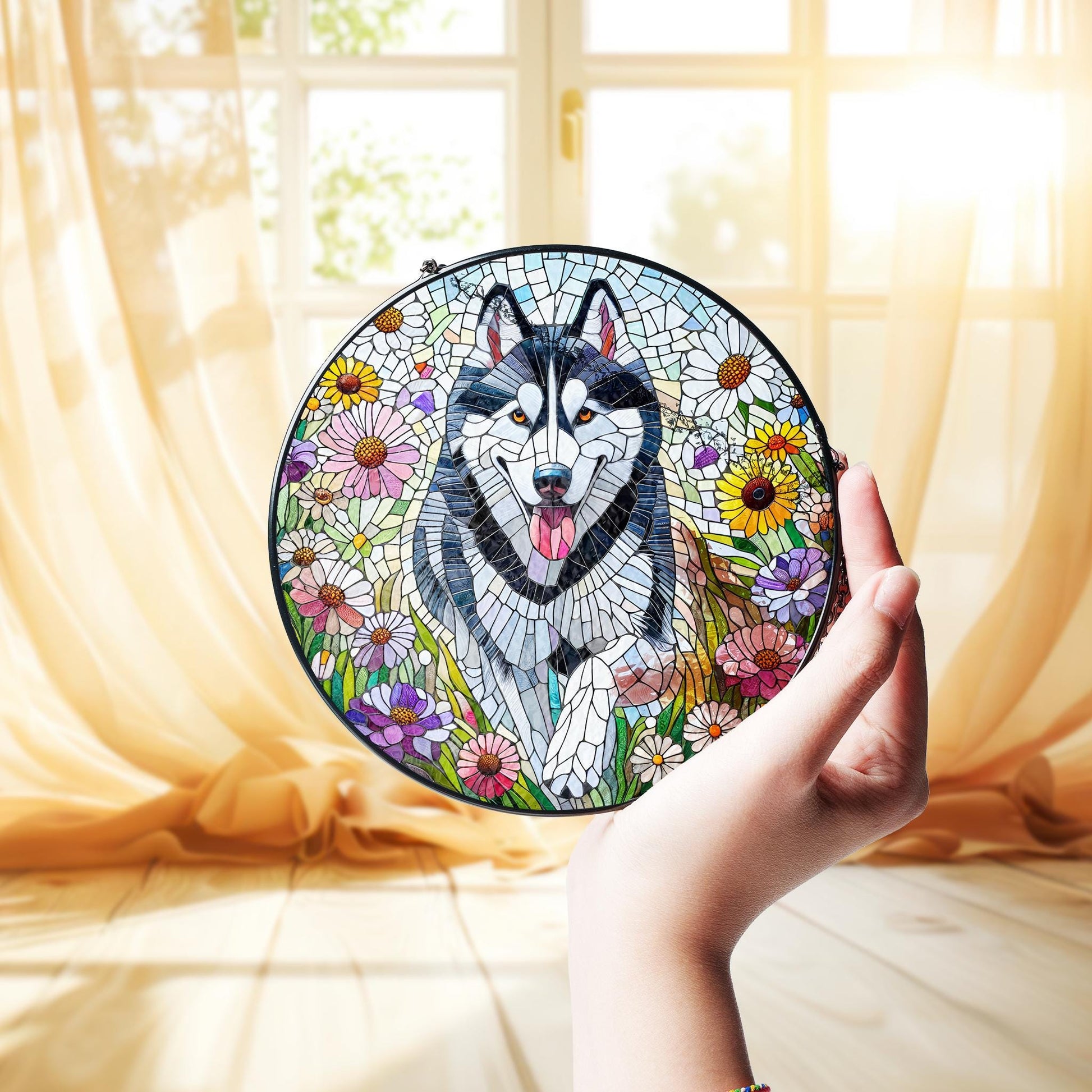 Husky running among wildflower Glass suncatcher, Husky glass hanging, husky mom idea gift, home decor, dog owner idea gift