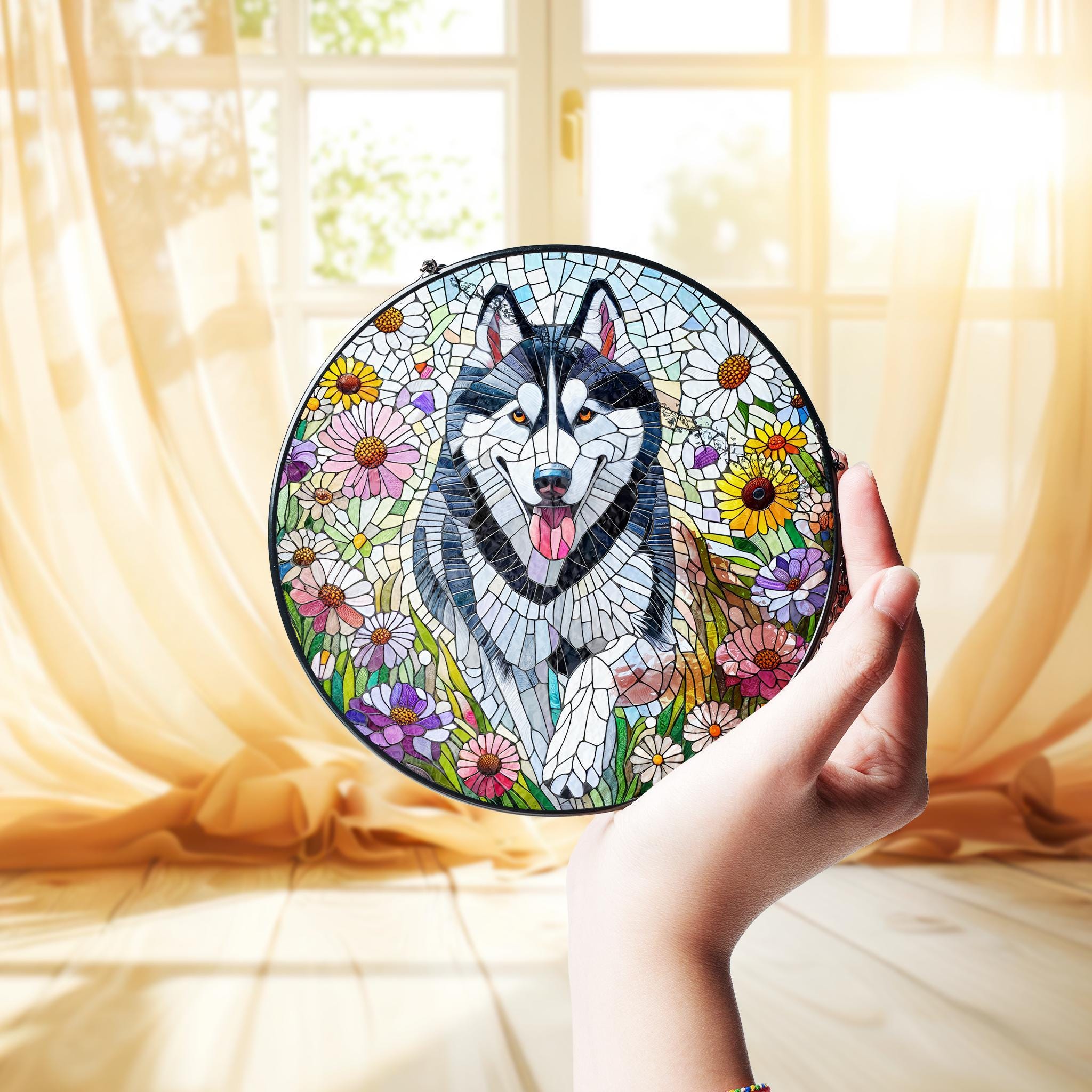 Husky running among wildflower Glass suncatcher, Husky glass hanging, husky mom idea gift, home decor, dog owner idea gift