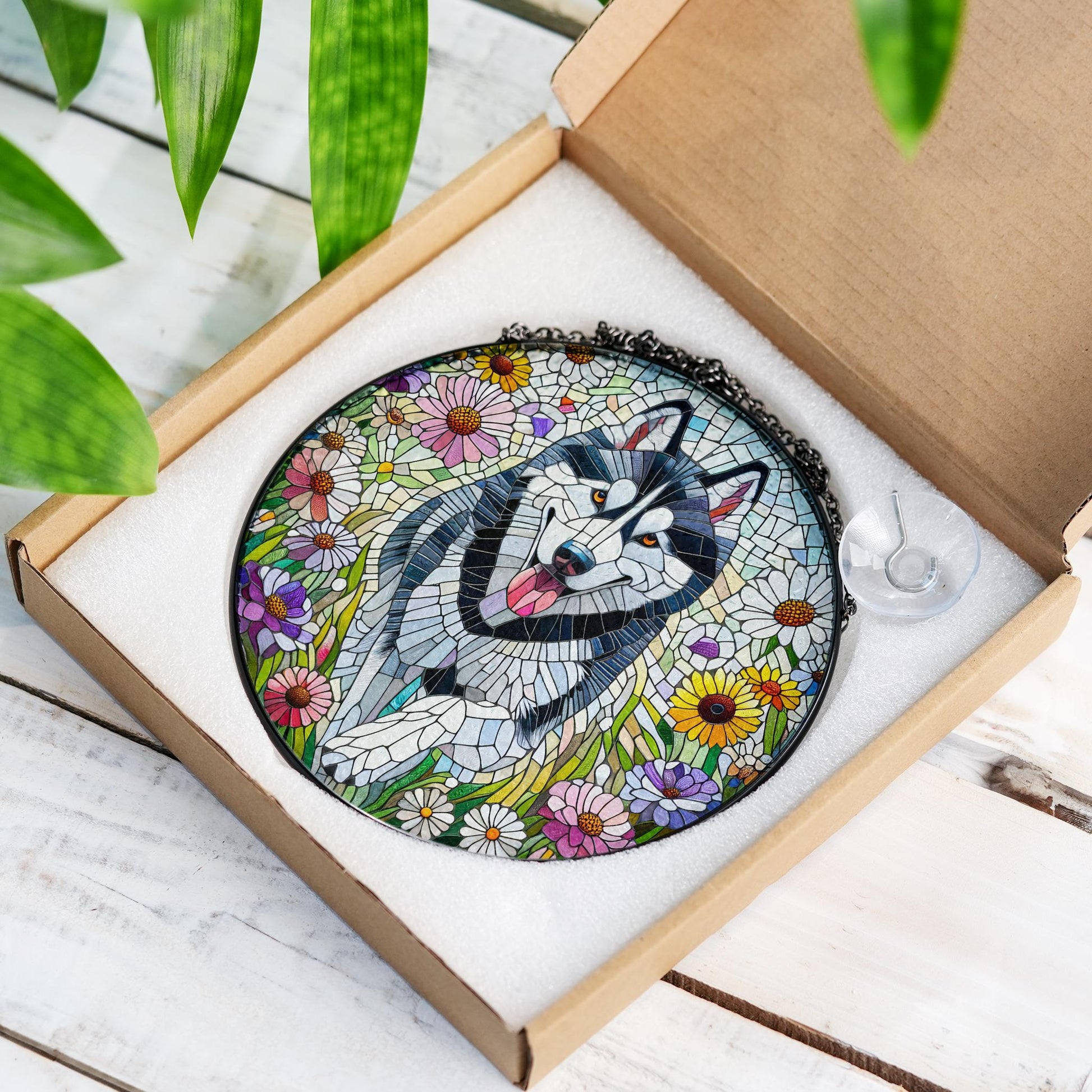 Husky running among wildflower Glass suncatcher, Husky glass hanging, husky mom idea gift, home decor, dog owner idea gift