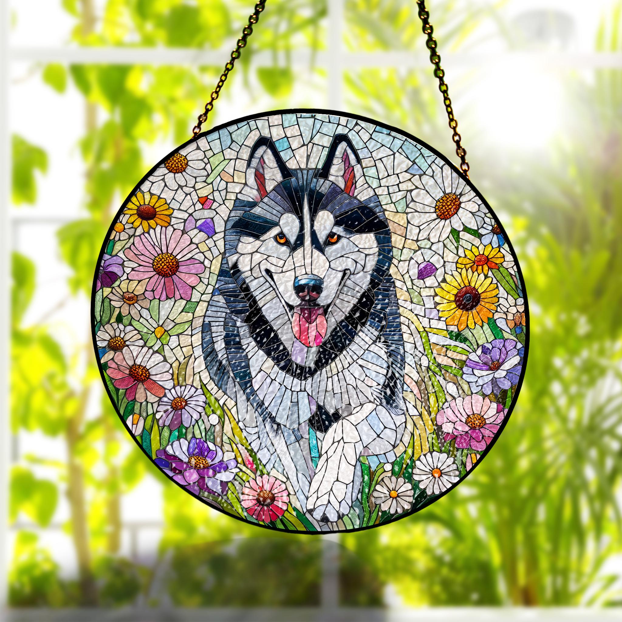 Husky running among wildflower Glass suncatcher, Husky glass hanging, husky mom idea gift, home decor, dog owner idea gift