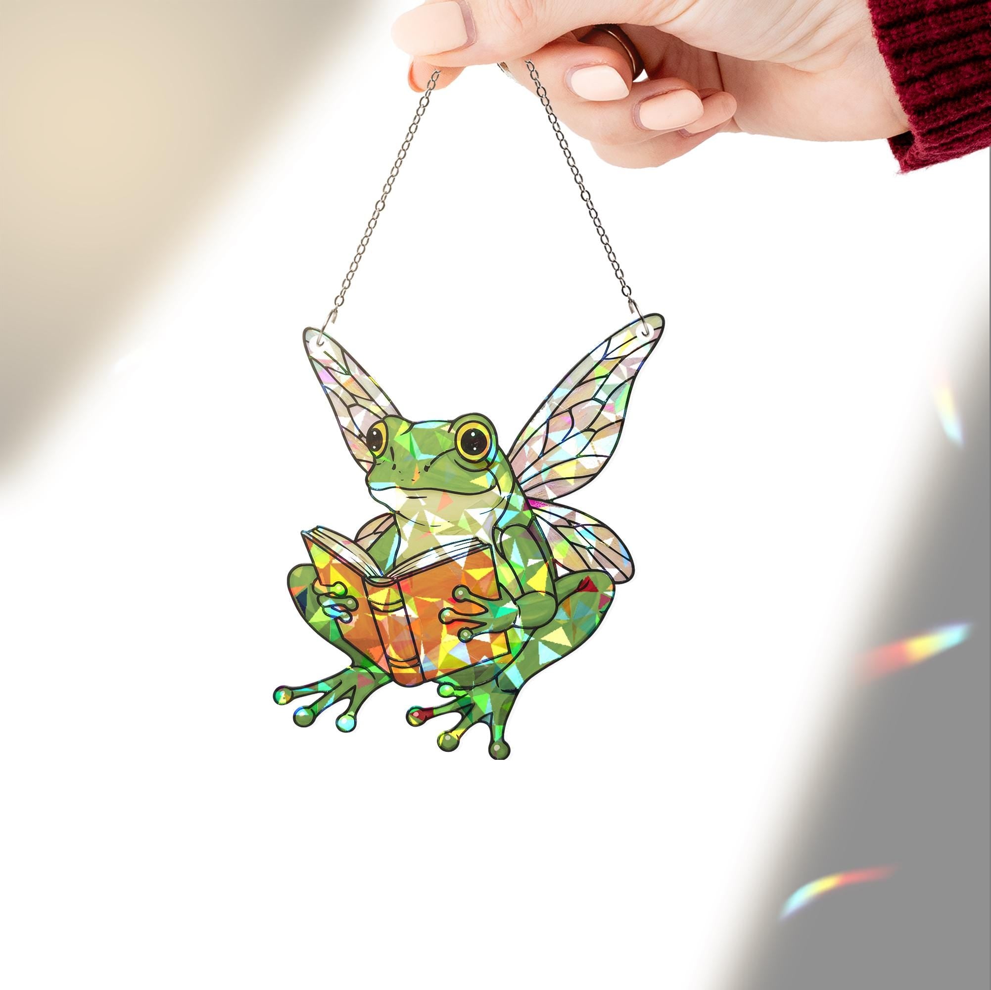 Fairy Frog Reading Hologram Window Hanging, Cute Frog Reading, Frog Lover Gift, Bookish Gift Idea,Cute Animal Gift, Glitter Decor, Frog Gift