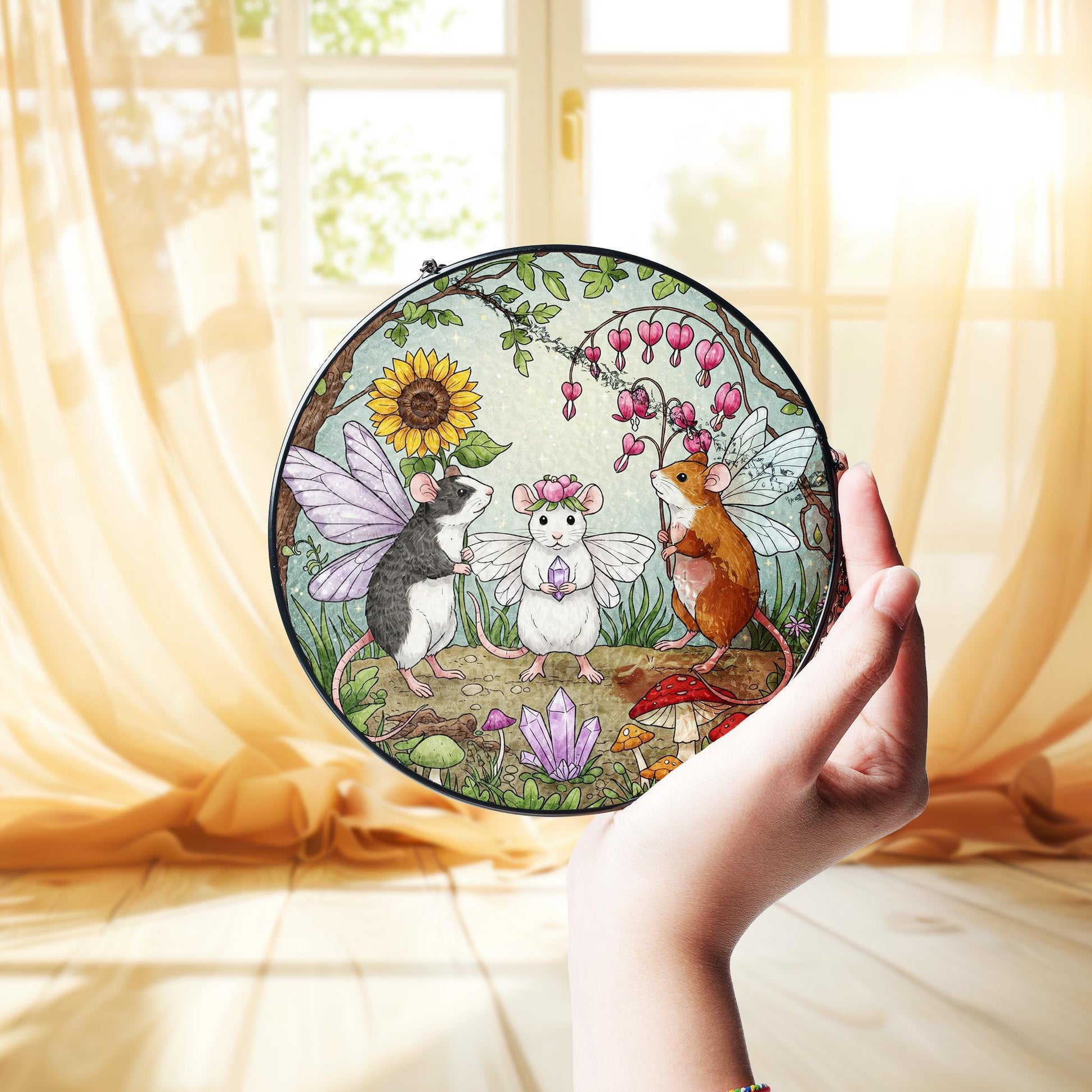 Fairy Rats Glass window hanging, Fairy tail mice glass hanging, home decor, perfect gift for kids room decor, funny fairy glass ornament