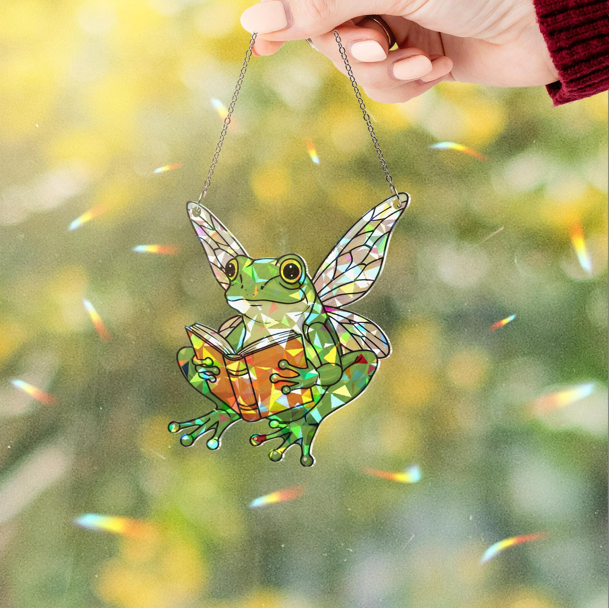 Fairy Frog Reading Hologram Window Hanging, Cute Frog Reading, Frog Lover Gift, Bookish Gift Idea,Cute Animal Gift, Glitter Decor, Frog Gift