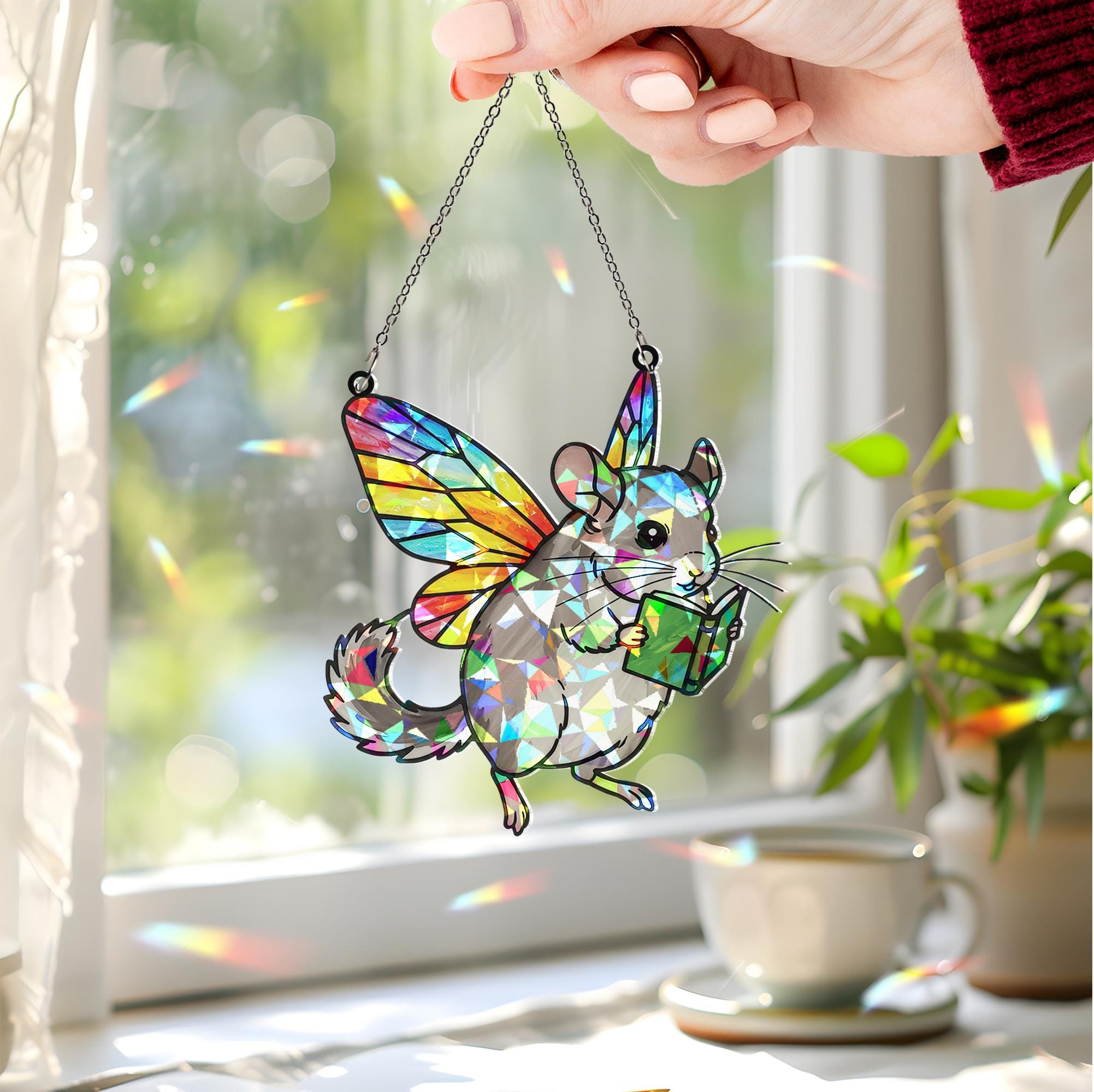 Fairy Chinchilla Reading Acrylic Hologram Window Hanging, Cute Chinchilla Bookish, Chinchilla Lover Gift, Bookish Ornament, Reading Lover