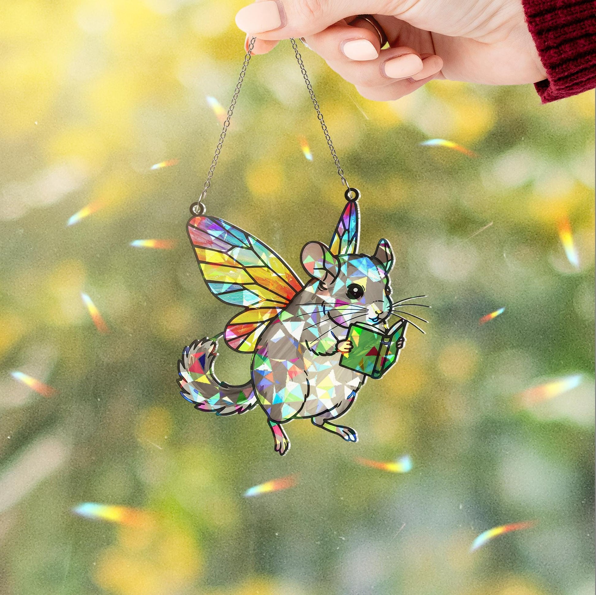 Fairy Chinchilla Reading Acrylic Hologram Window Hanging, Cute Chinchilla Bookish, Chinchilla Lover Gift, Bookish Ornament, Reading Lover