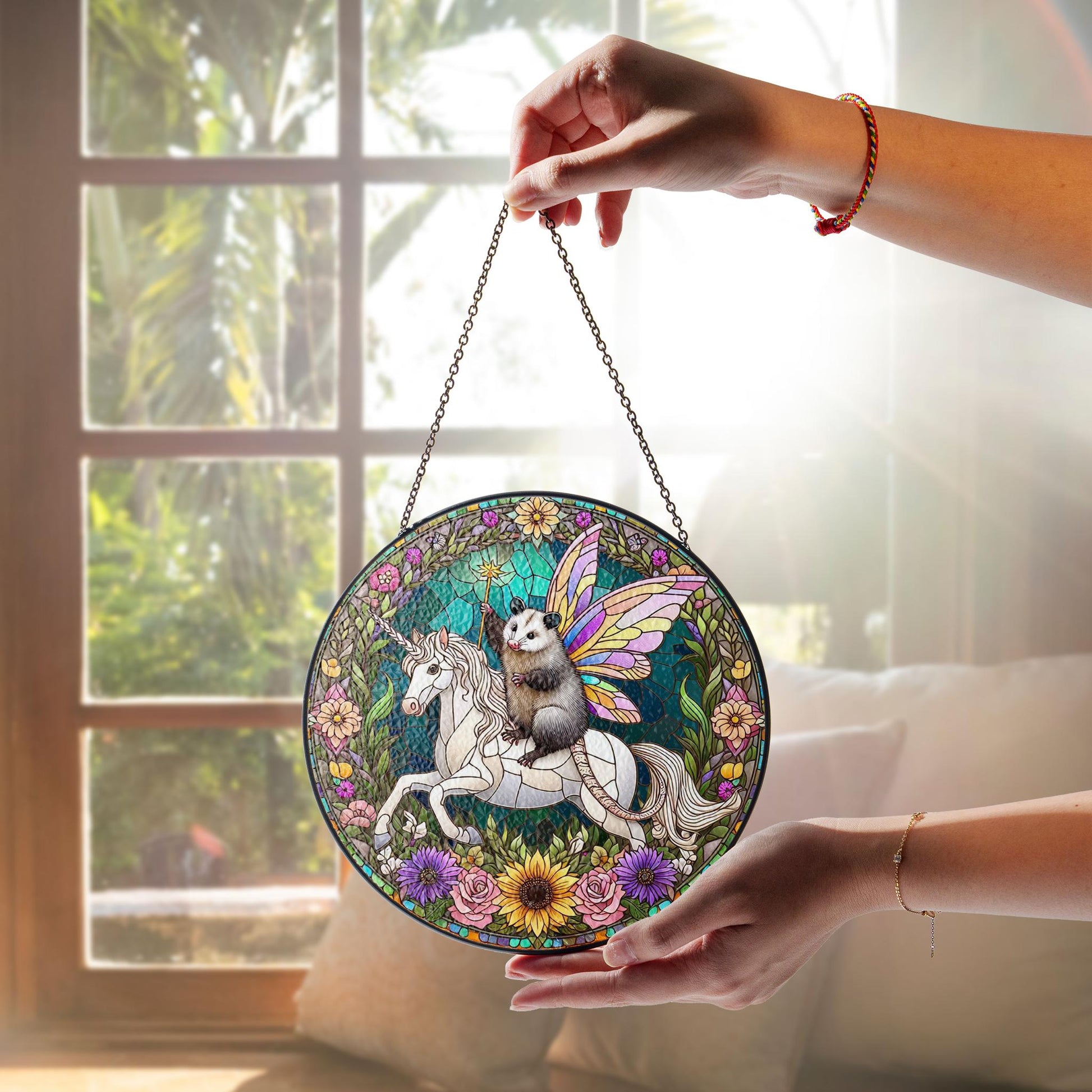 Fairy Godpossum riding unicorn GLASS Suncatcher Hanging, Cute opossum, fairy opossum suncatcher hanging, god possum window hanging
