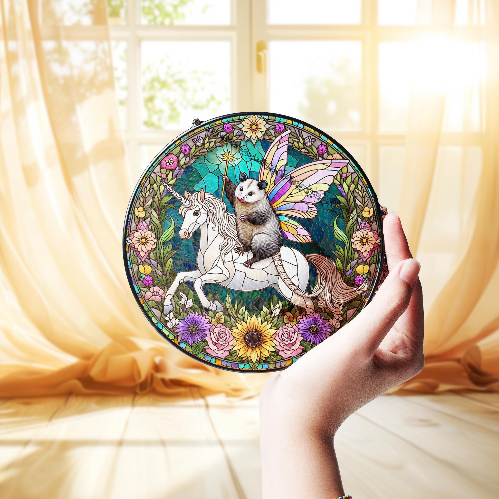 Fairy Godpossum riding unicorn GLASS Suncatcher Hanging, Cute opossum, fairy opossum suncatcher hanging, god possum window hanging