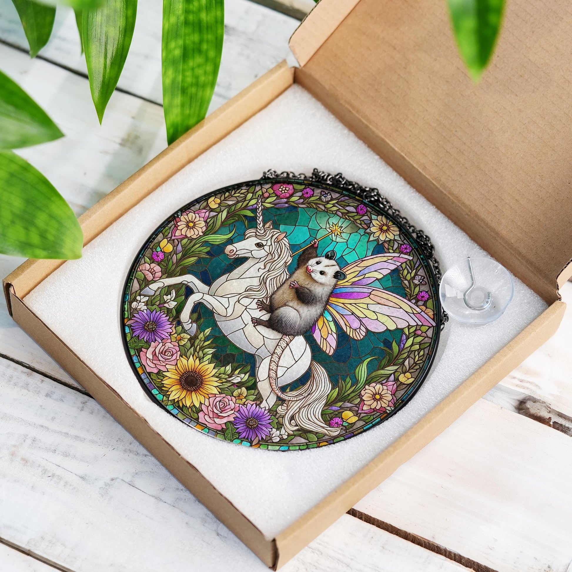 Fairy Godpossum riding unicorn GLASS Suncatcher Hanging, Cute opossum, fairy opossum suncatcher hanging, god possum window hanging