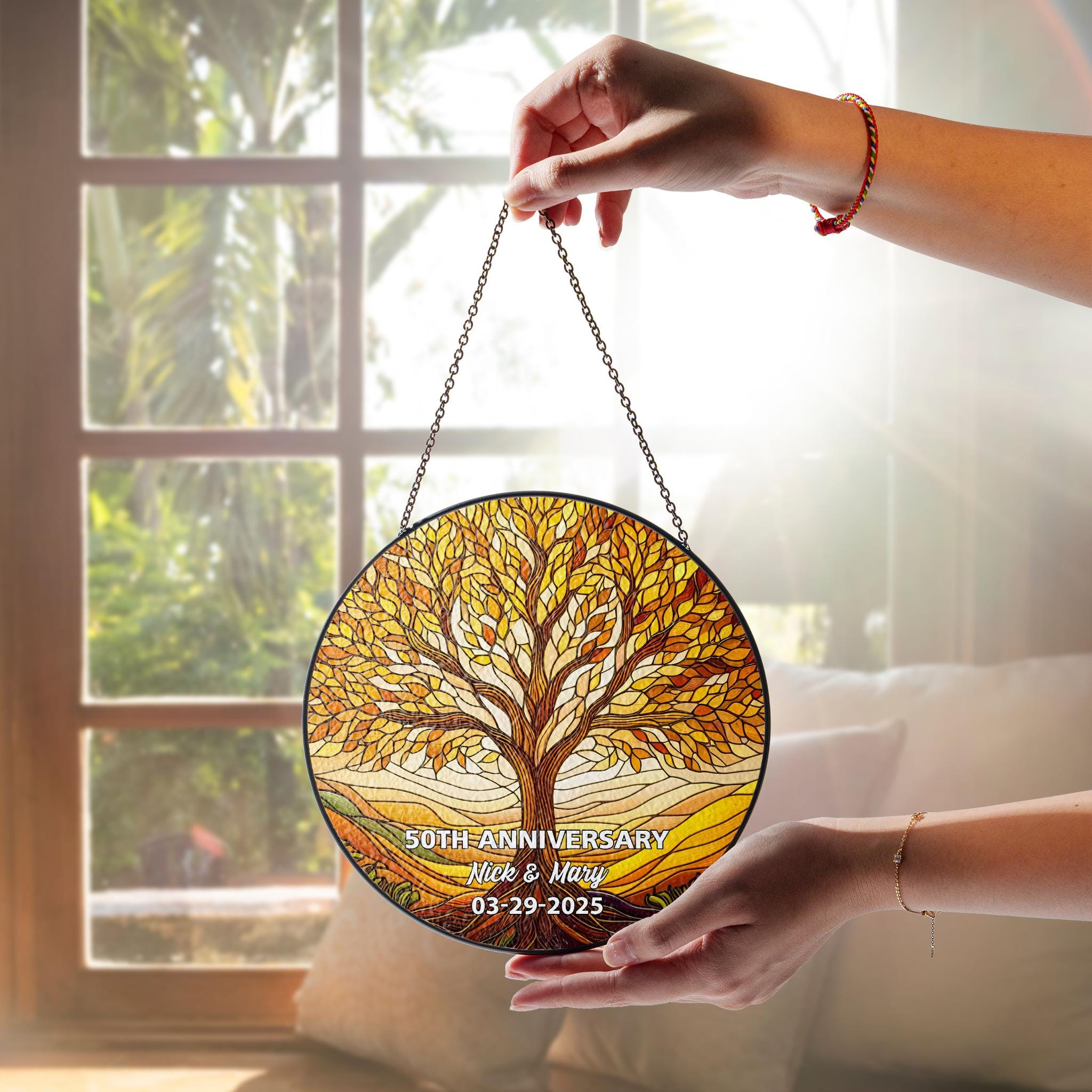 Personalized Tree of life GLASS Suncatcher Hanging - Golden Anniversary gift, 50th Wedding Anniversary gift for husband wife